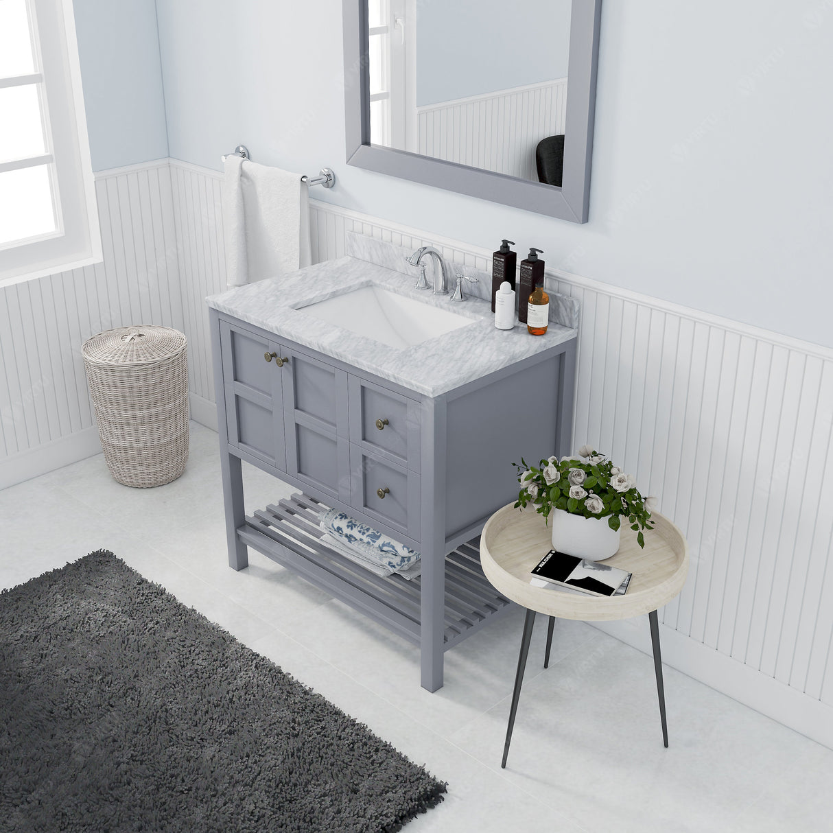 Virtu USA Winterfell 36" Single Bath Vanity with White Marble Top and Square Sink with Brushed Nickel Faucet with Matching Mirror