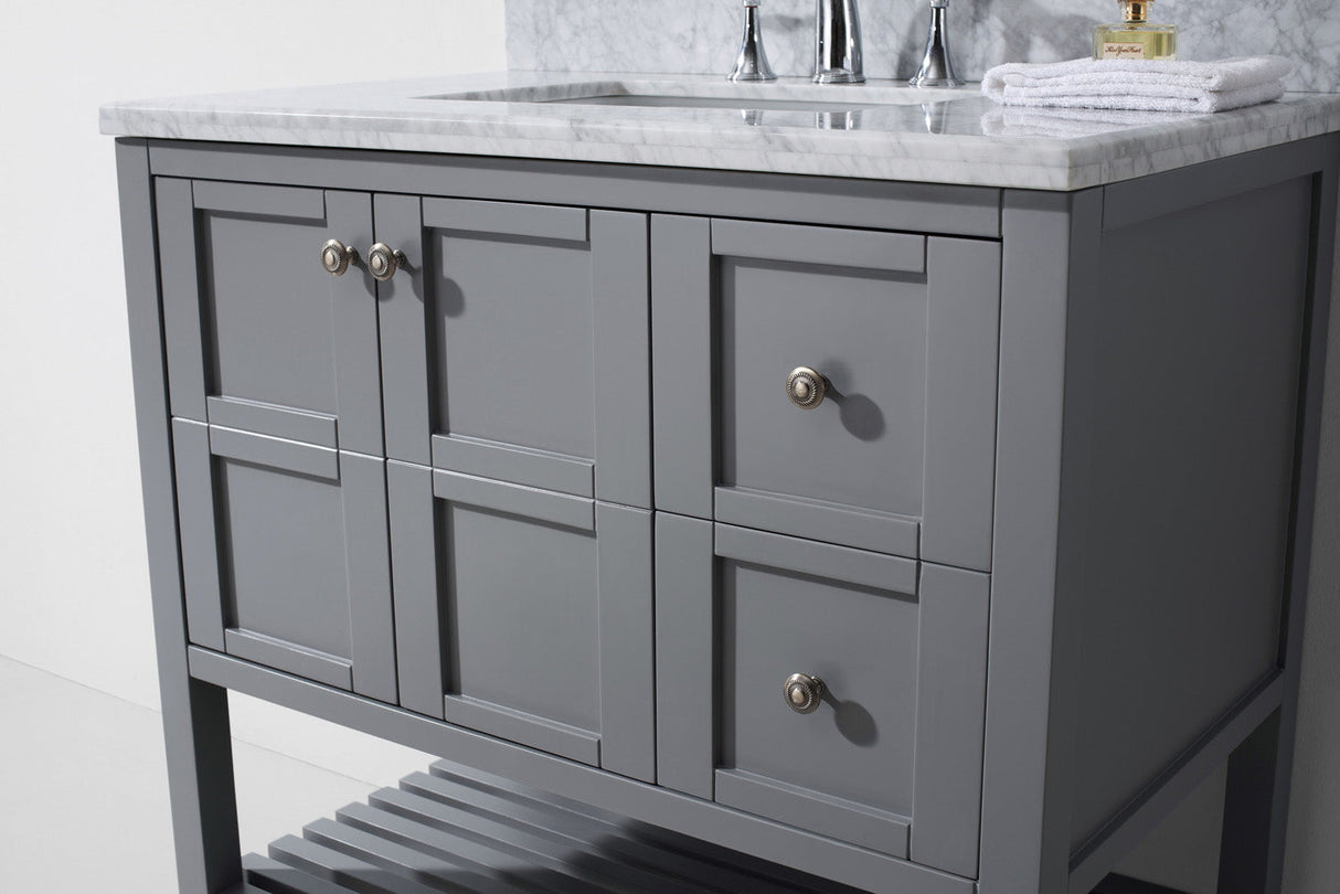 Virtu USA Winterfell 36" Single Bath Vanity with White Marble Top and Square Sink with Polished Chrome Faucet with Matching Mirror