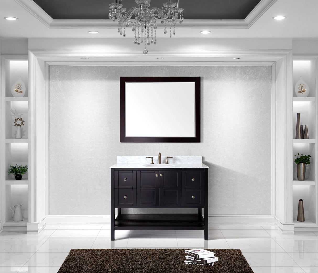 Virtu USA Winterfell 48" Single Bath Vanity with White Marble Top and Round Sink with Polished Chrome Faucet with Matching Mirror