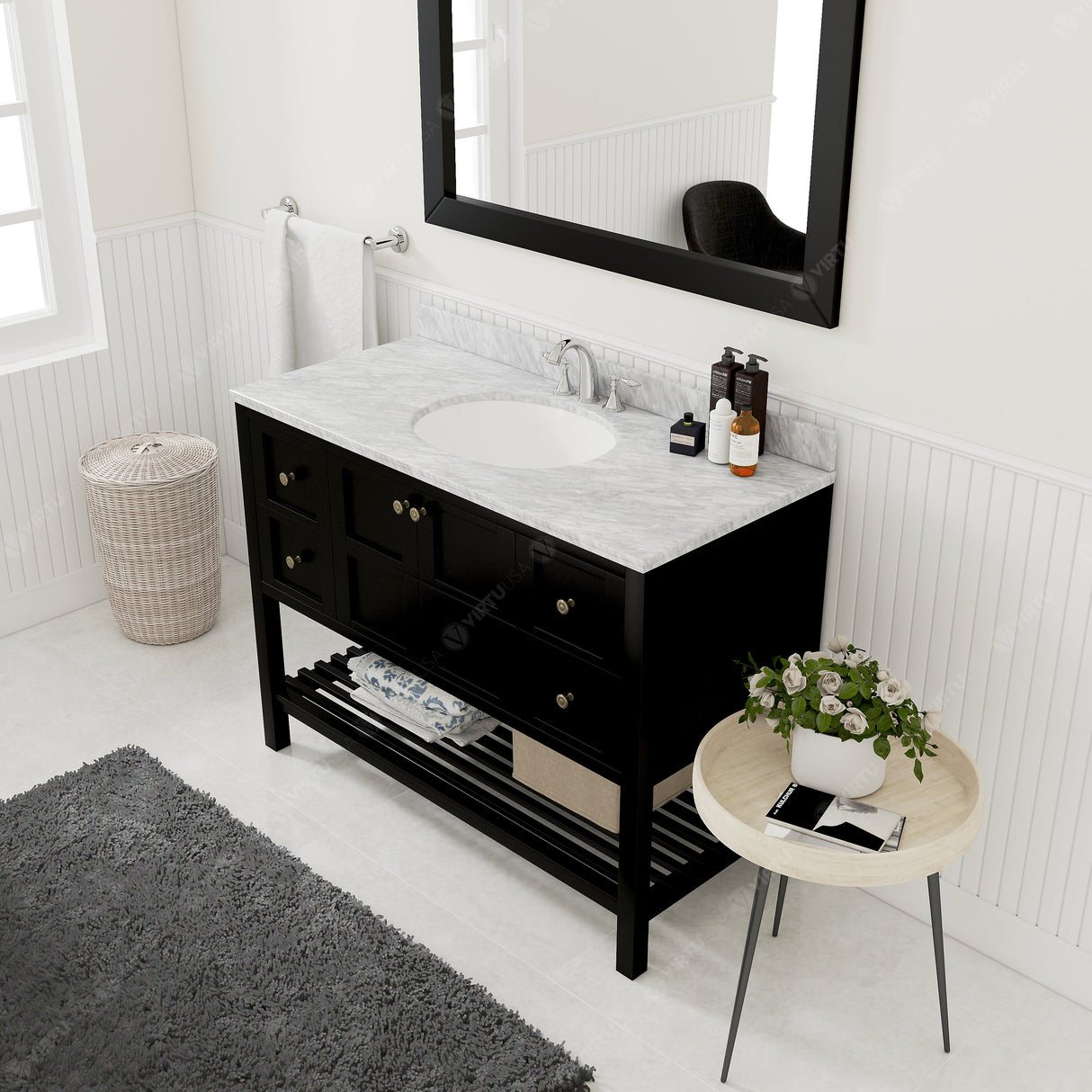 Virtu USA Winterfell 48" Single Bath Vanity with White Marble Top and Round Sink with Brushed Nickel Faucet with Matching Mirror