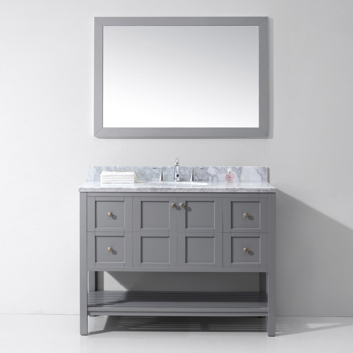 Virtu USA Winterfell 48" Single Bath Vanity with White Marble Top and Round Sink with Brushed Nickel Faucet with Matching Mirror