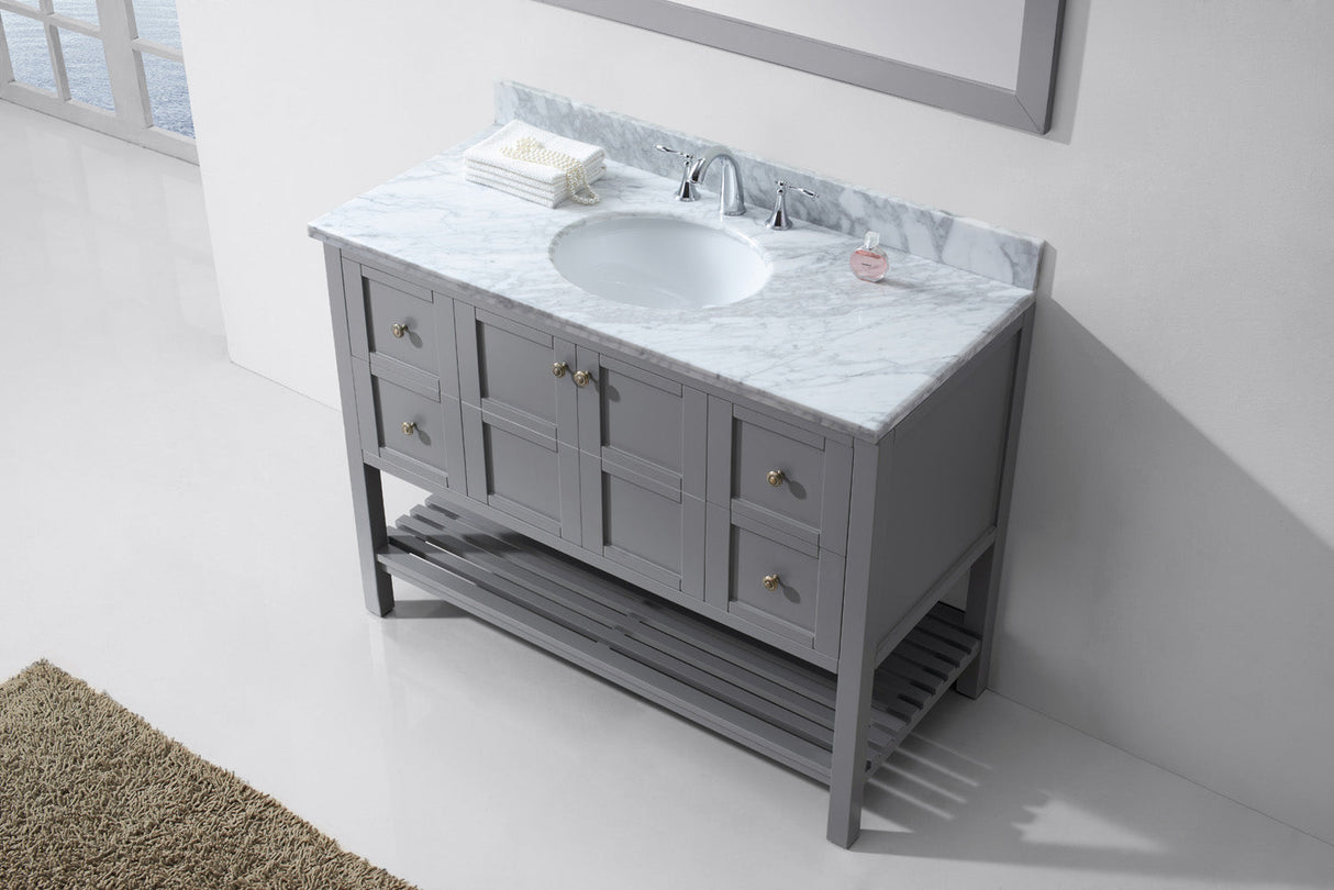 Virtu USA Winterfell 48" Single Bath Vanity with White Marble Top and Round Sink with Brushed Nickel Faucet with Matching Mirror