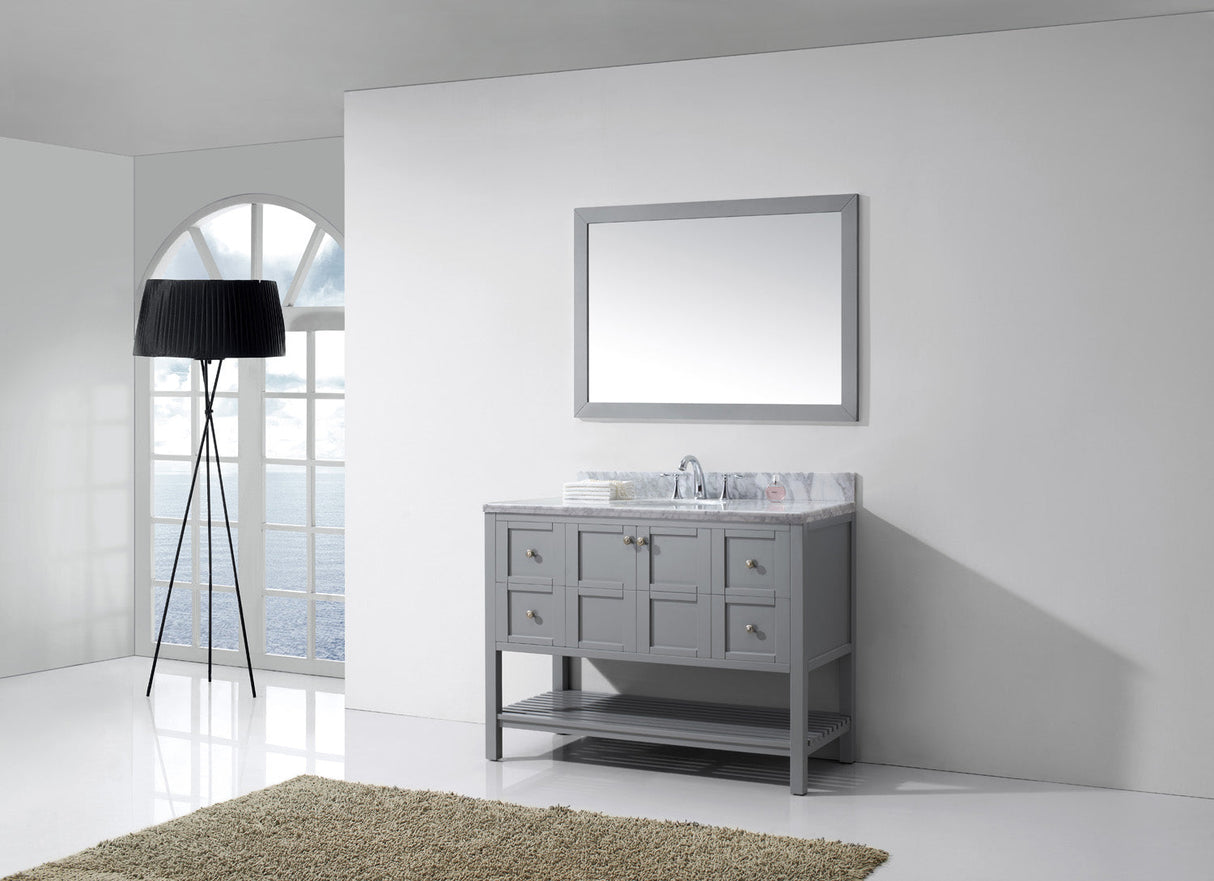 Virtu USA Winterfell 48" Single Bath Vanity with White Marble Top and Round Sink with Polished Chrome Faucet with Matching Mirror