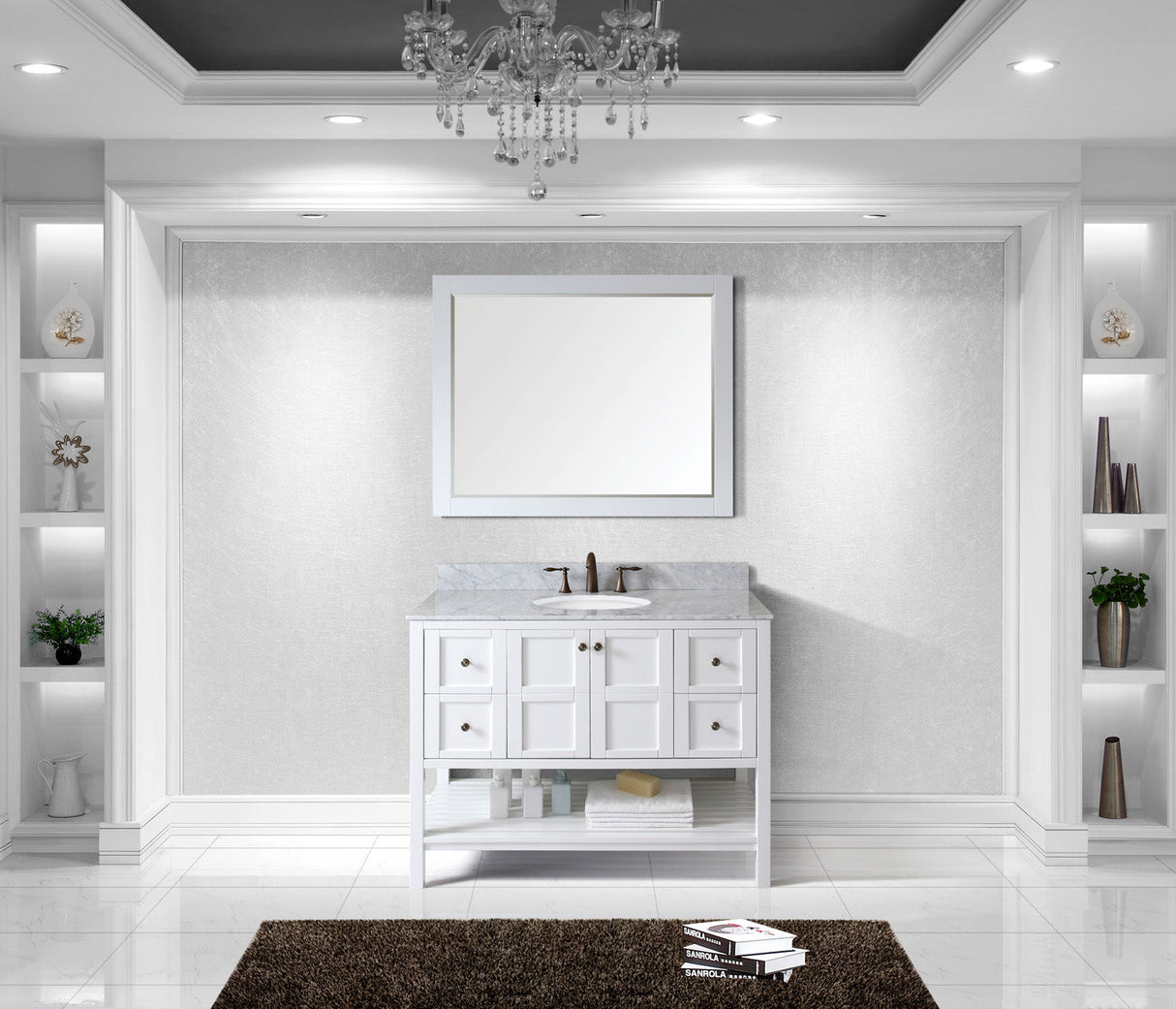 Virtu USA Winterfell 48" Single Bath Vanity with White Marble Top and Round Sink with Brushed Nickel Faucet with Matching Mirror