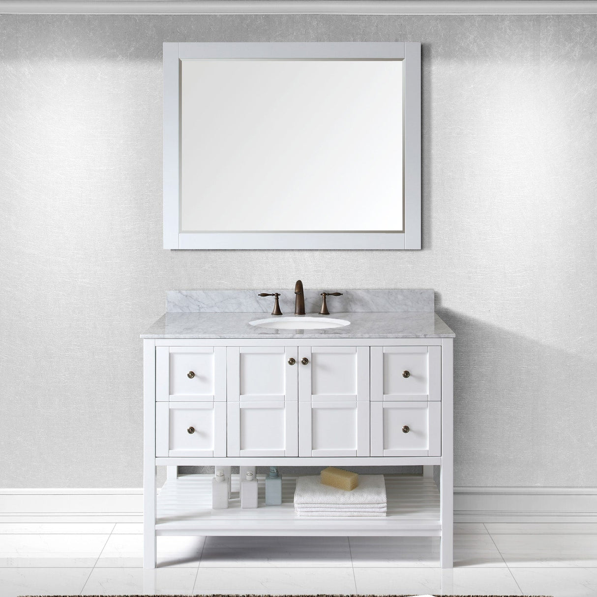 Virtu USA Winterfell 48" Single Bath Vanity with White Marble Top and Round Sink with Polished Chrome Faucet with Matching Mirror