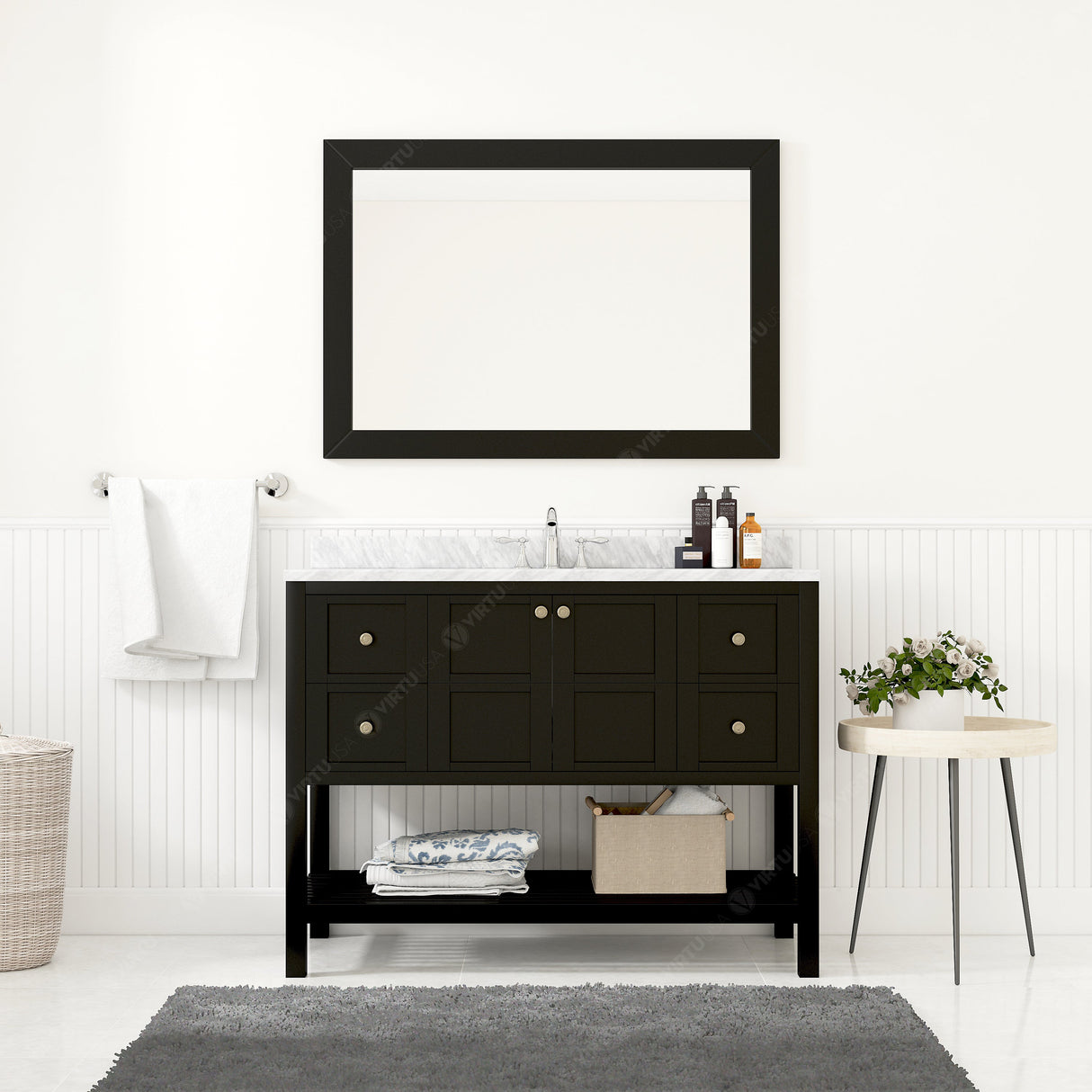 Virtu USA Winterfell 48" Single Bath Vanity with White Marble Top and Square Sink with Polished Chrome Faucet with Matching Mirror