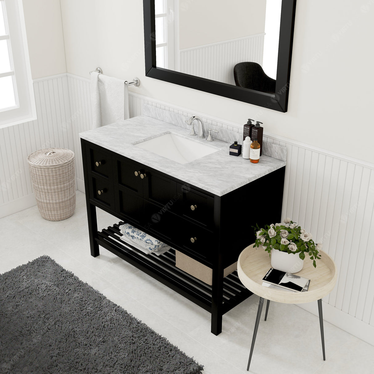 Virtu USA Winterfell 48" Single Bath Vanity with White Marble Top and Square Sink with Brushed Nickel Faucet with Matching Mirror