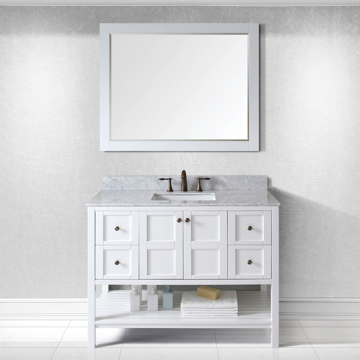 Virtu USA Winterfell 48" Single Bath Vanity with White Marble Top and Square Sink with Polished Chrome Faucet with Matching Mirror