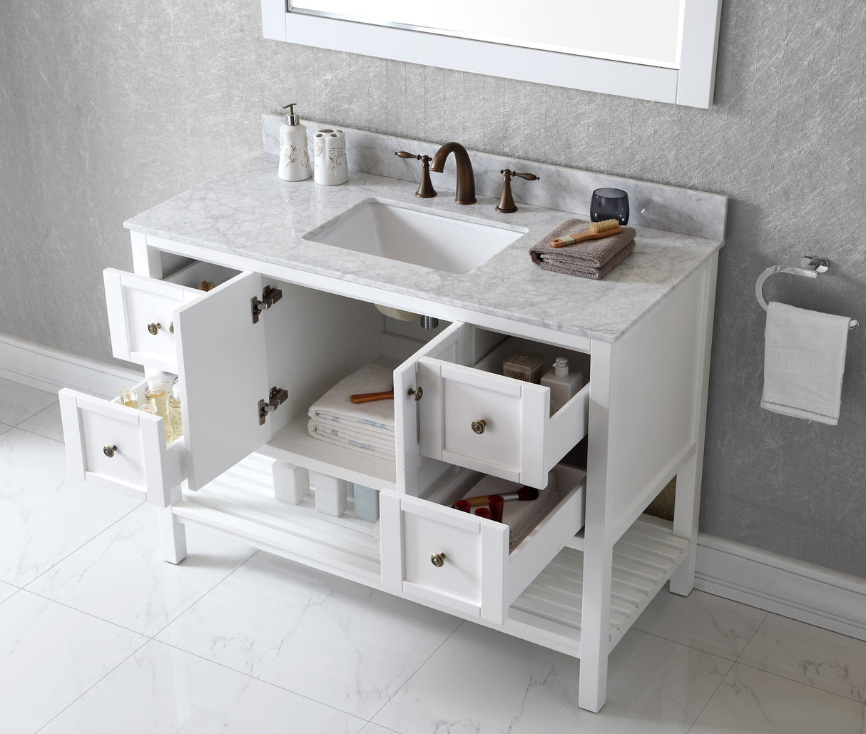 Virtu USA Winterfell 48" Single Bath Vanity with White Marble Top and Square Sink with Polished Chrome Faucet with Matching Mirror