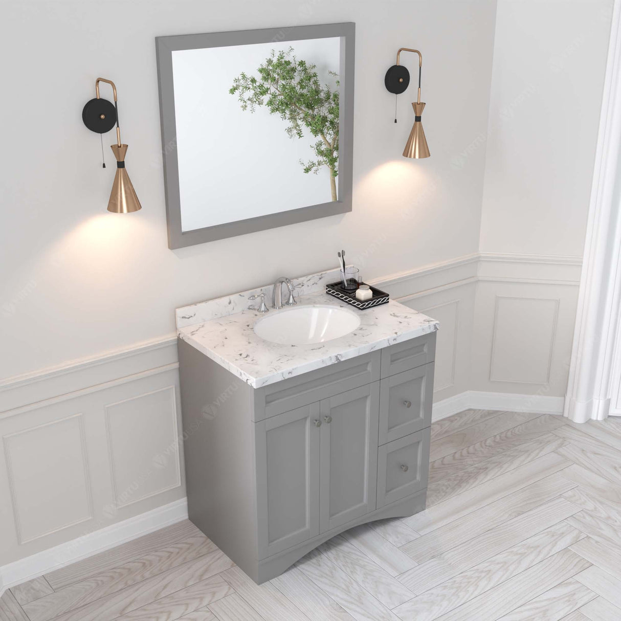 Virtu USA Elise 36" Single Bath Vanity with White Quartz Top and Round Sink with Matching Mirror