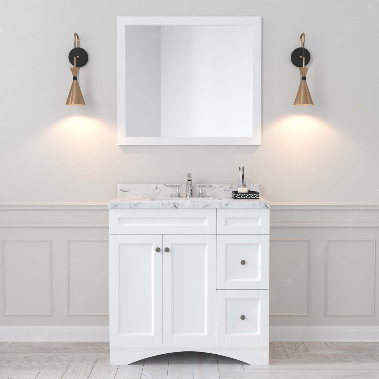 Virtu USA Elise 36" Single Bath Vanity with White Quartz Top and Round Sink with Matching Mirror