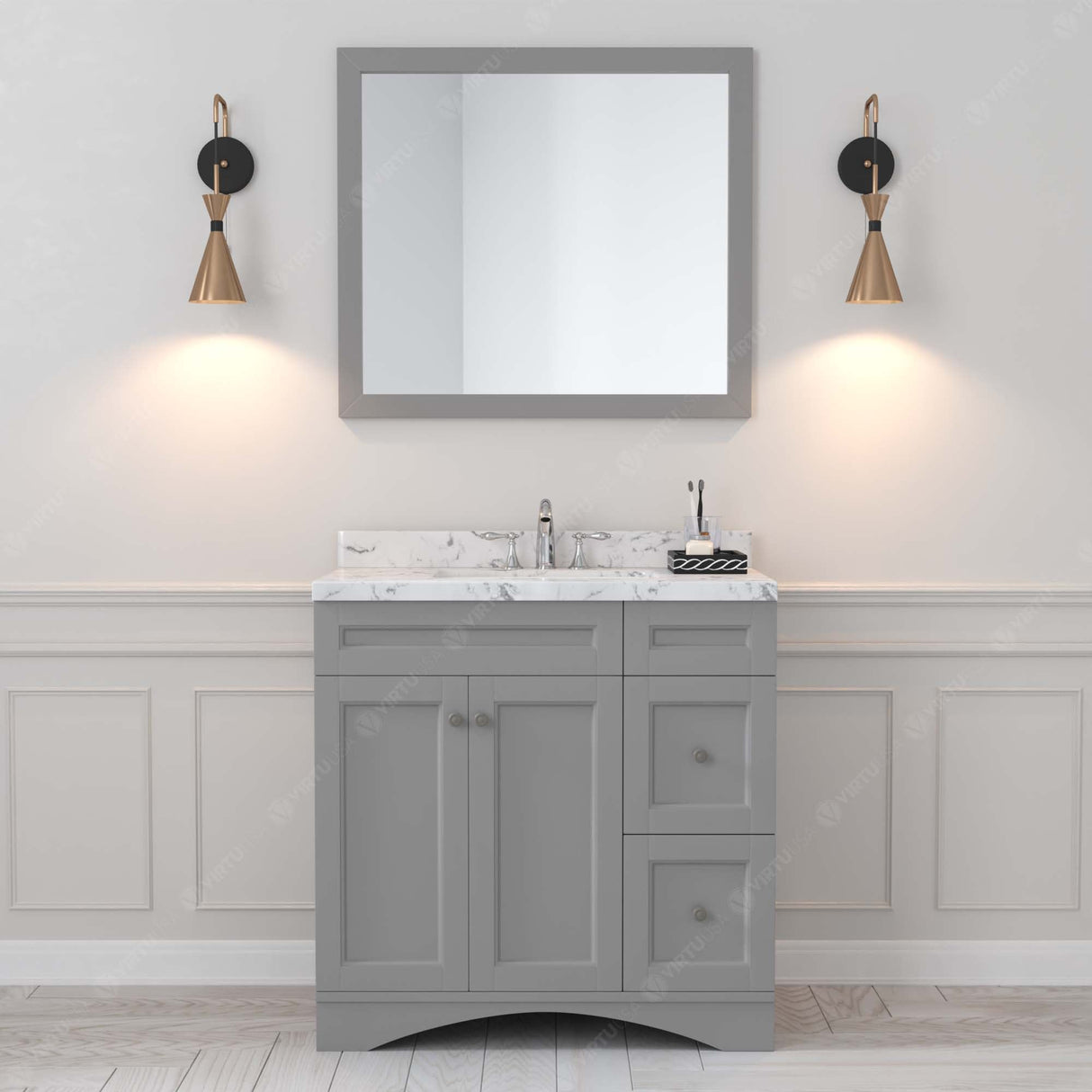 Virtu USA Elise 36" Single Bath Vanity with Cultured Marble Quartz Top and Square Sink with Polished Chrome Faucet with Matching Mirror