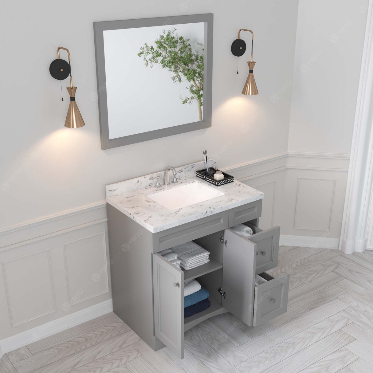 Virtu USA Elise 36" Single Bath Vanity with Cultured Marble Quartz Top and Square Sink with Polished Chrome Faucet with Matching Mirror
