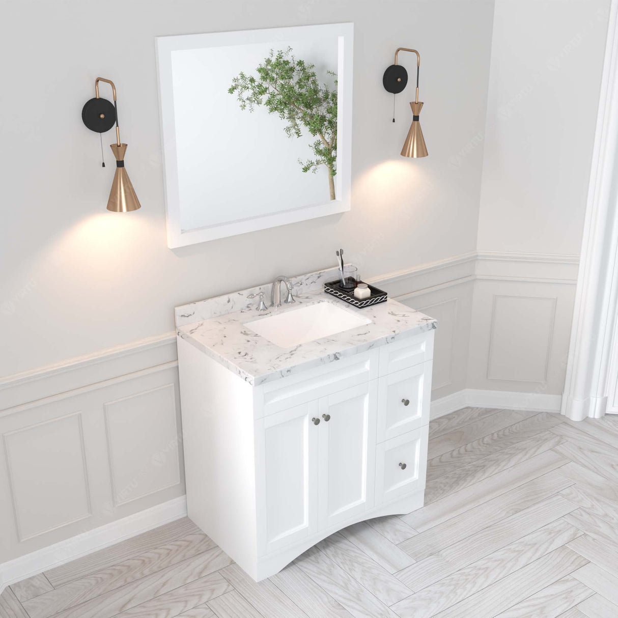 Virtu USA Elise 36" Single Bath Vanity with White Quartz Top and Square Sink with Matching Mirror