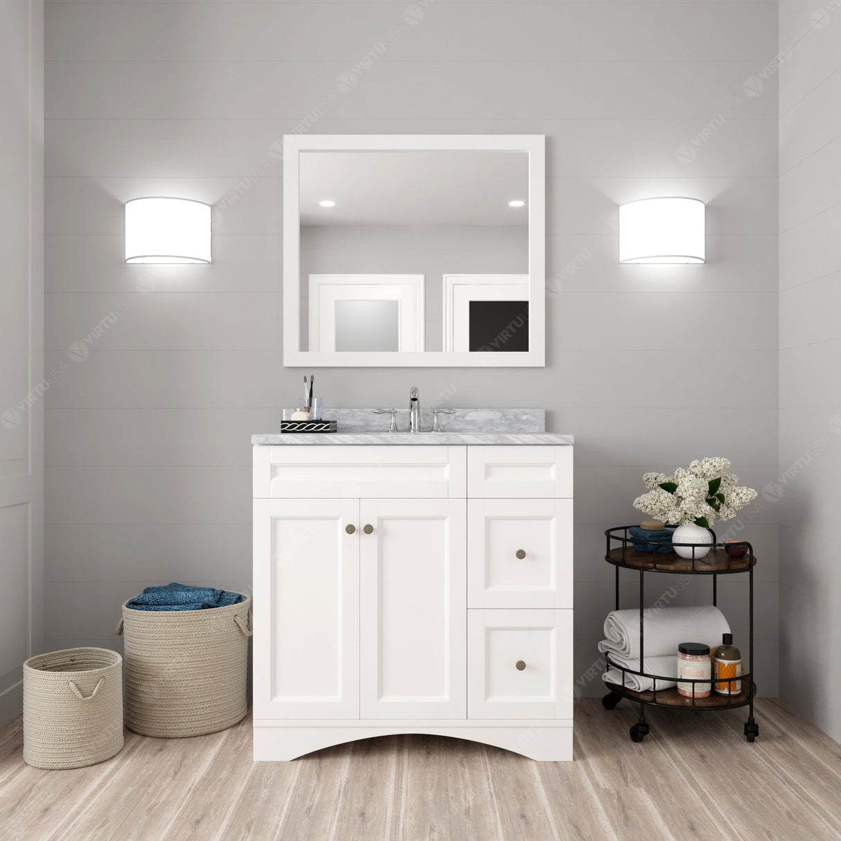 Virtu USA Elise 36" Single Bath Vanity with White Marble Top and Round Sink with Matching Mirror