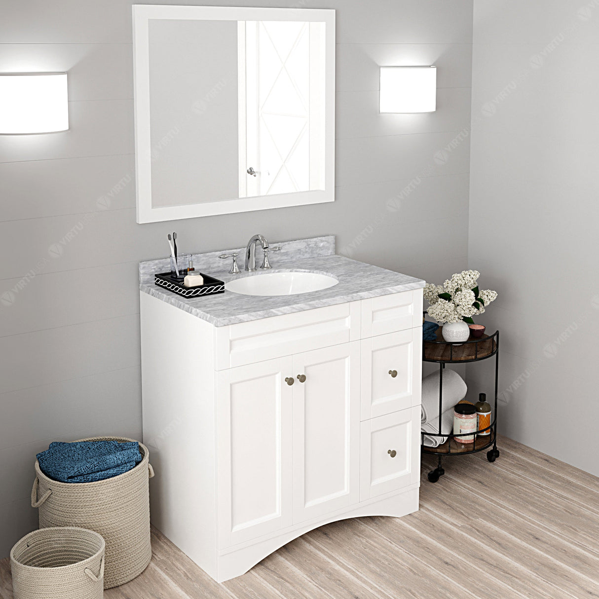 Virtu USA Elise 36" Single Bath Vanity with White Marble Top and Round Sink with Matching Mirror