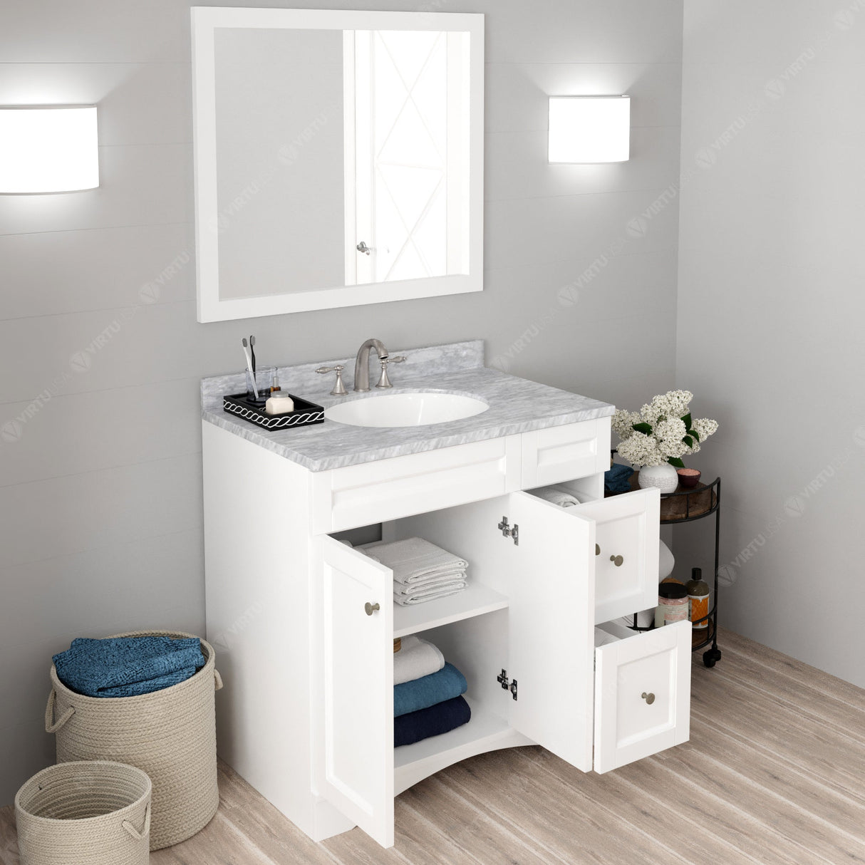 Virtu USA Elise 36" Single Bath Vanity with White Marble Top and Round Sink with Matching Mirror