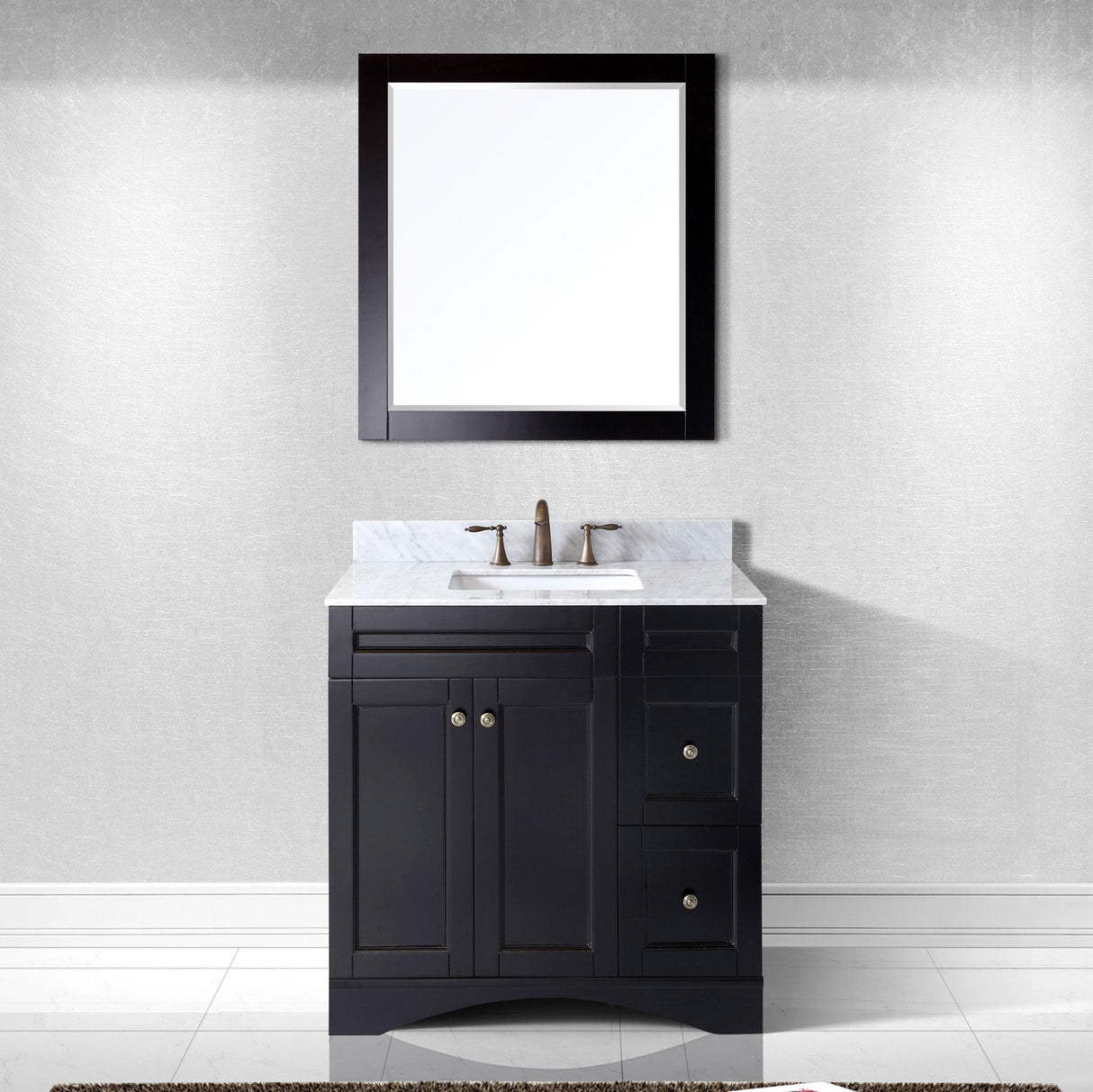 Virtu USA Elise 36" Single Bath Vanity with White Marble Top and Square Sink with Brushed Nickel Faucet with Matching Mirror