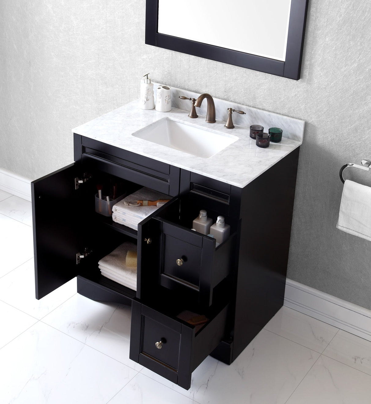 Virtu USA Elise 36" Single Bath Vanity with White Marble Top and Square Sink with Matching Mirror