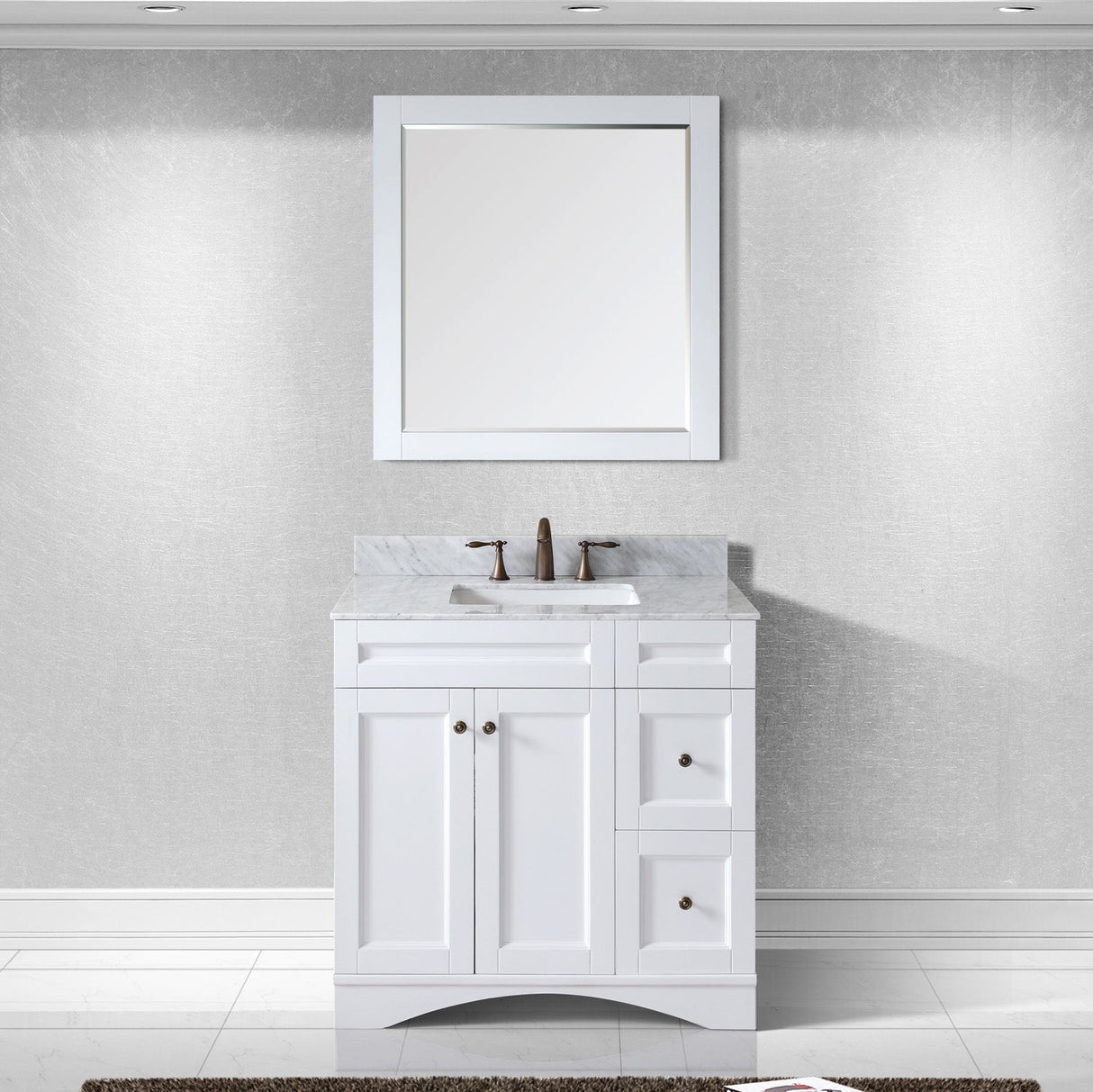 Virtu USA Elise 36" Single Bath Vanity with White Marble Top and Square Sink with Brushed Nickel Faucet with Matching Mirror