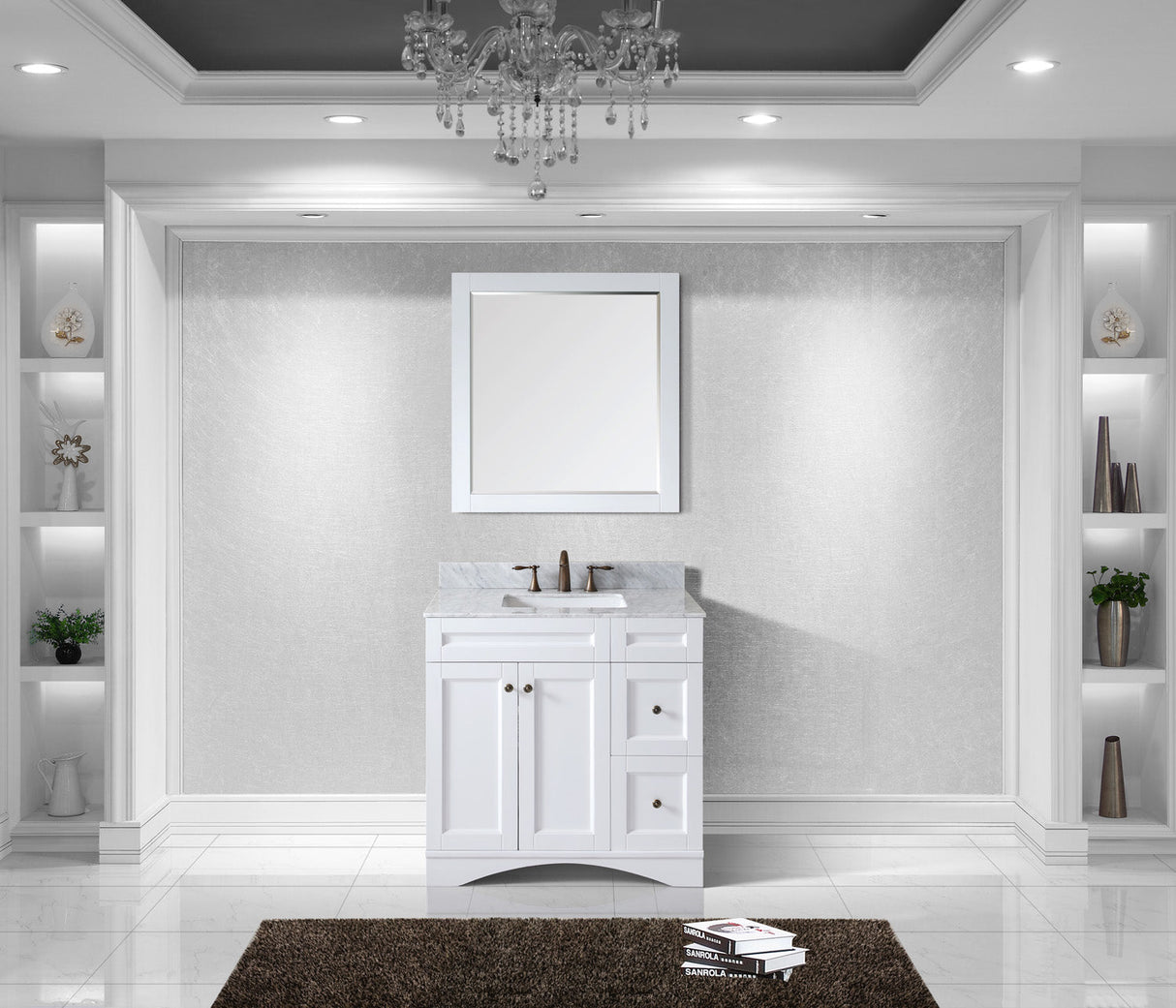 Virtu USA Elise 36" Single Bath Vanity with White Marble Top and Square Sink with Polished Chrome Faucet with Matching Mirror