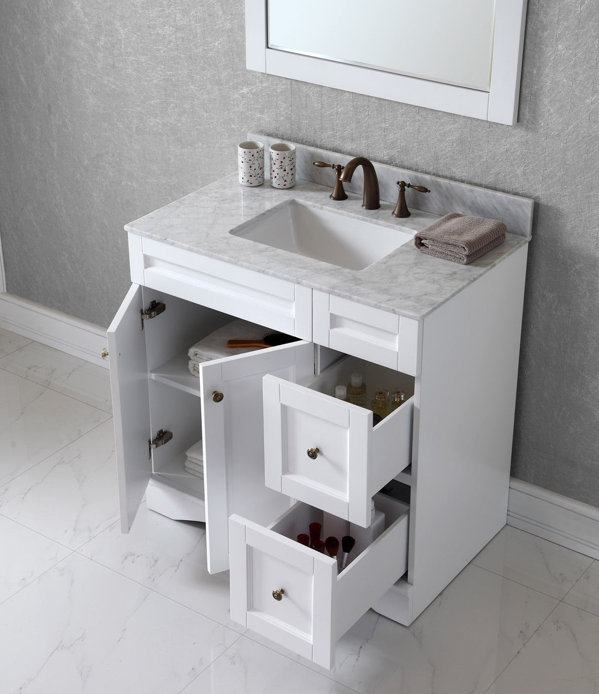 Virtu USA Elise 36" Single Bath Vanity with White Marble Top and Square Sink with Polished Chrome Faucet with Matching Mirror