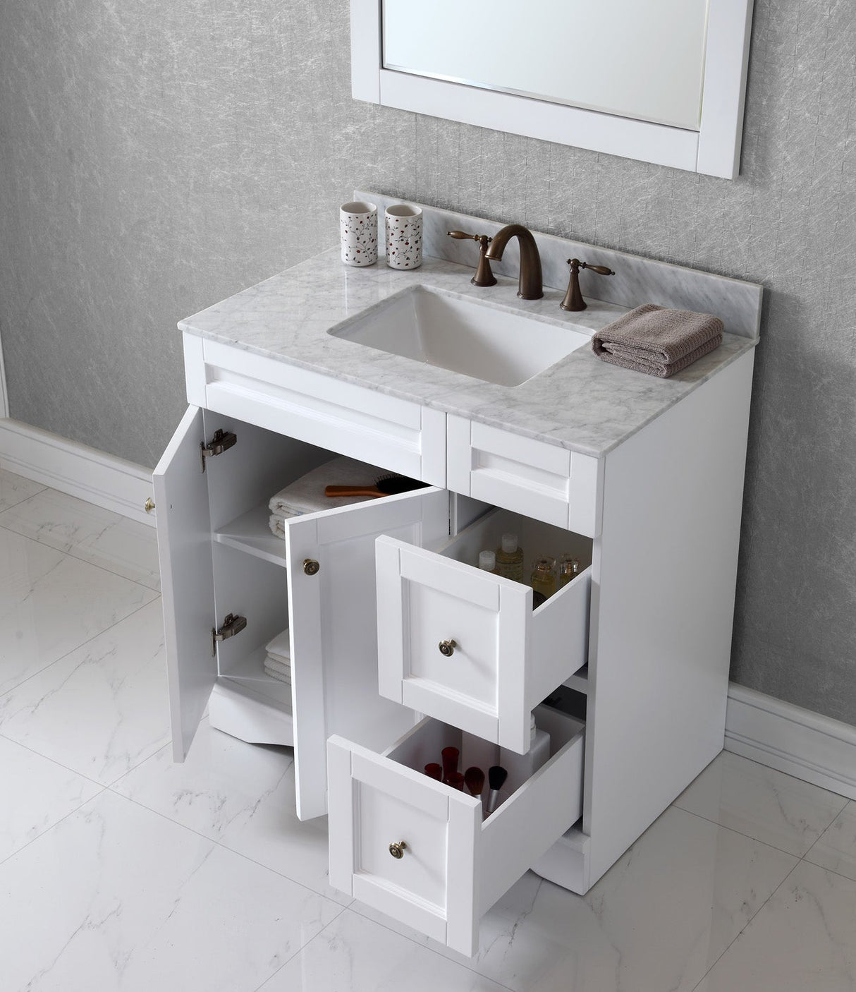 Virtu USA Elise 36" Single Bath Vanity with White Marble Top and Square Sink with Matching Mirror