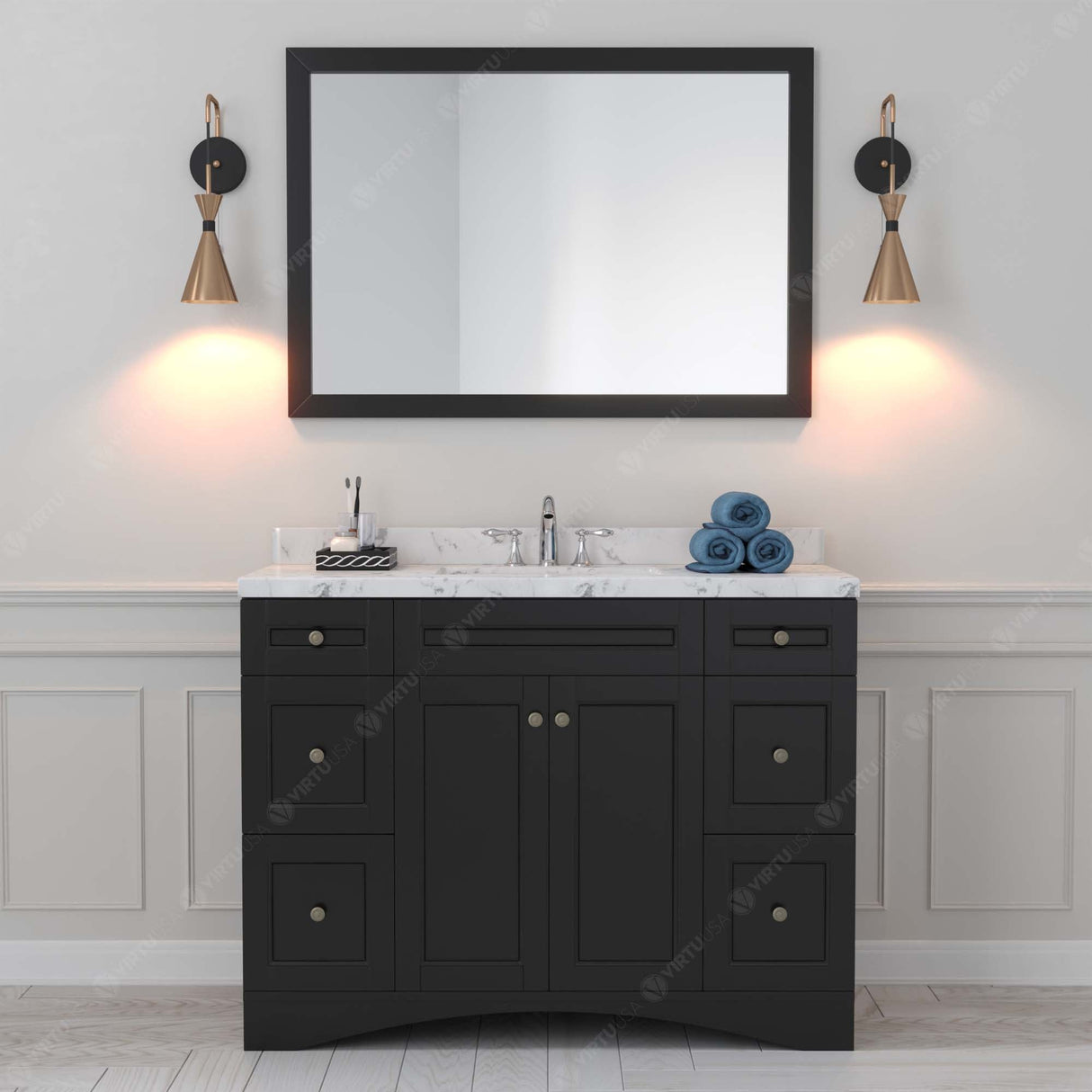 Virtu USA Elise 48" Single Bath Vanity with White Quartz Top and Round Sink with Polished Chrome Faucet with Matching Mirror