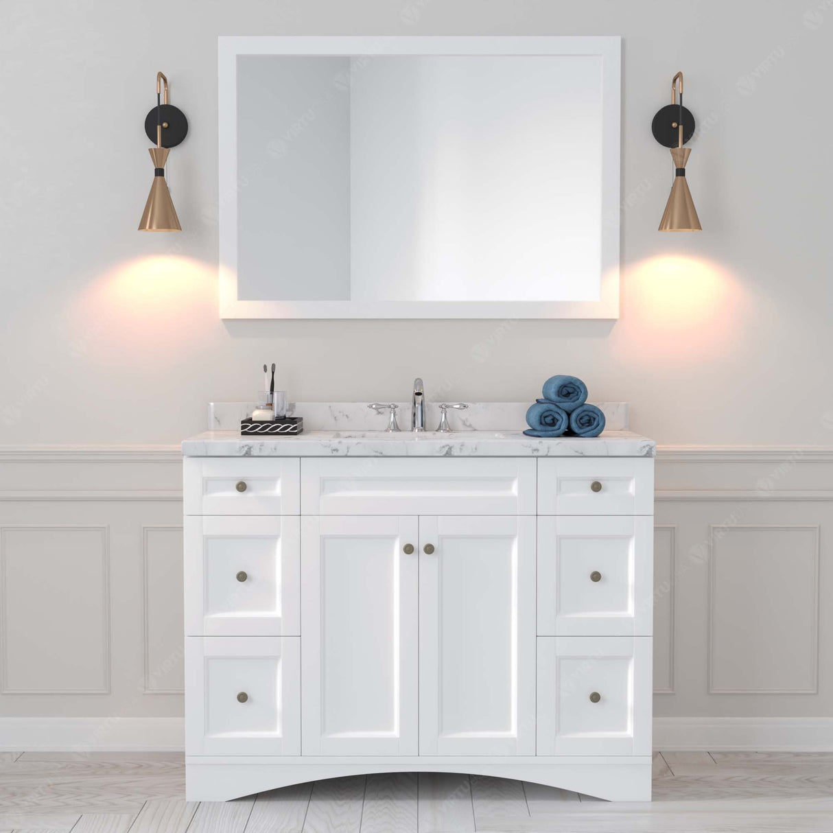 Virtu USA Elise 48" Single Bath Vanity with White Quartz Top and Round Sink with Brushed Nickel Faucet with Matching Mirror