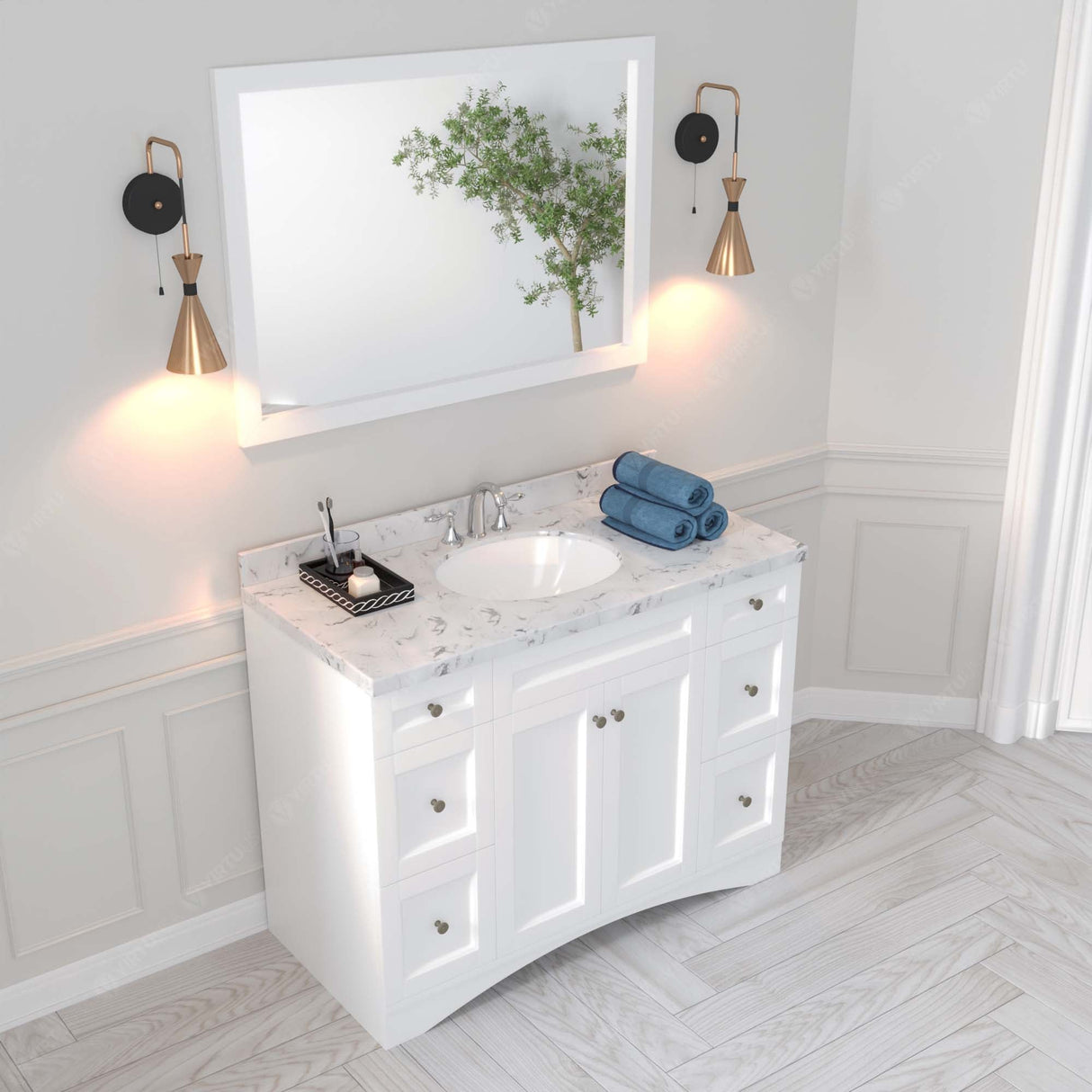 Virtu USA Elise 48" Single Bath Vanity with White Quartz Top and Round Sink with Polished Chrome Faucet with Matching Mirror