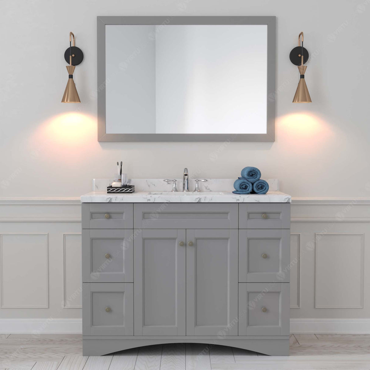 Virtu USA Elise 48" Single Bath Vanity with White Quartz Top and Square Sink with Polished Chrome Faucet with Matching Mirror