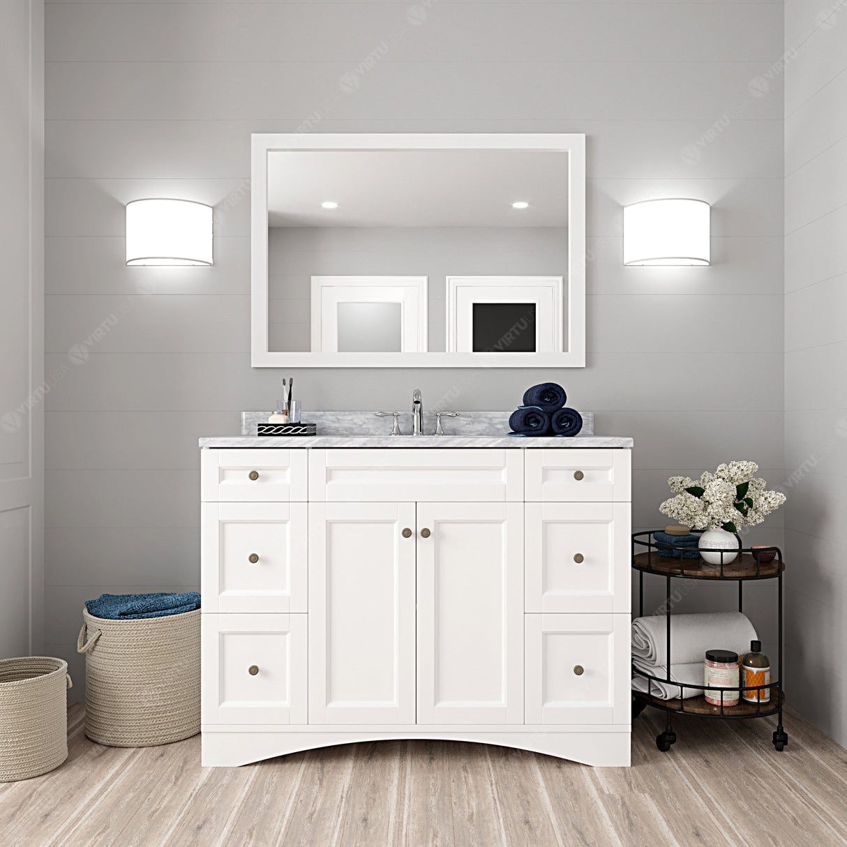 Virtu USA Elise 48" Single Bath Vanity with White Marble Top and Round Sink with Matching Mirror