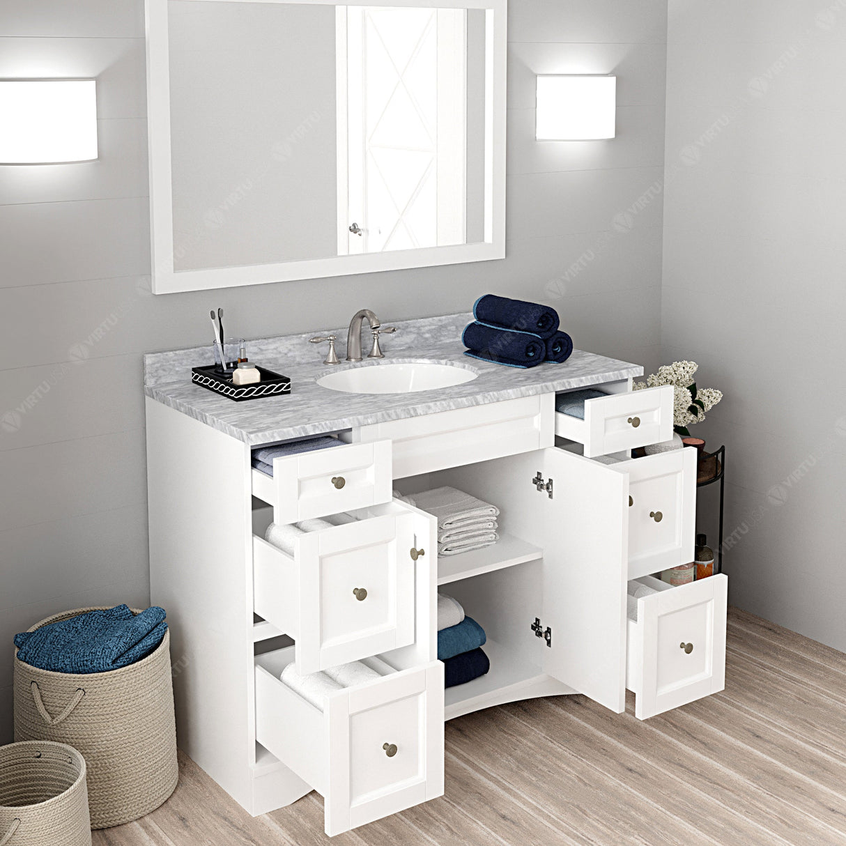 Virtu USA Elise 48" Single Bath Vanity with White Marble Top and Round Sink with Matching Mirror