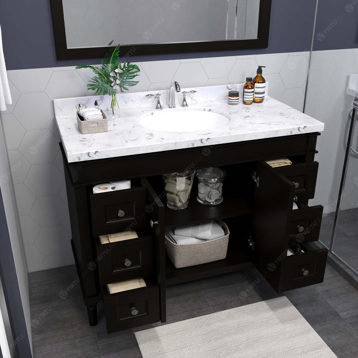 Virtu USA Tiffany 48" Single Bath Vanity with White Quartz Top and Round Sink with Matching Mirror