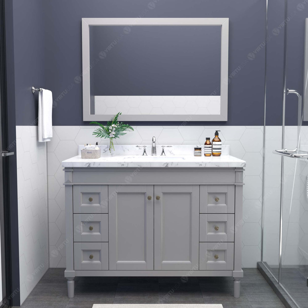 Virtu USA Tiffany 48" Single Bath Vanity with White Quartz Top and Round Sink with Matching Mirror