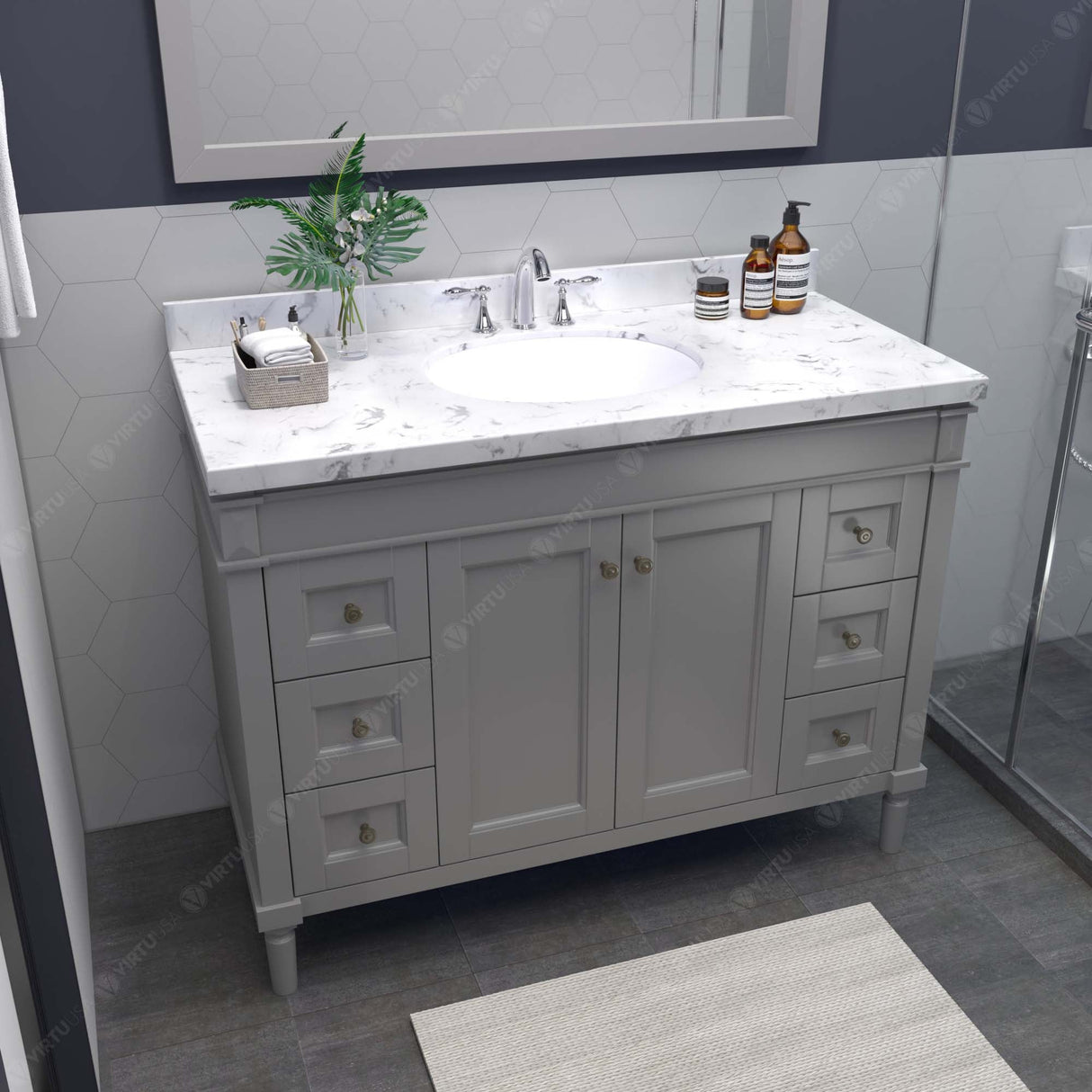 Virtu USA Tiffany 48" Single Bath Vanity with White Quartz Top and Round Sink with Matching Mirror