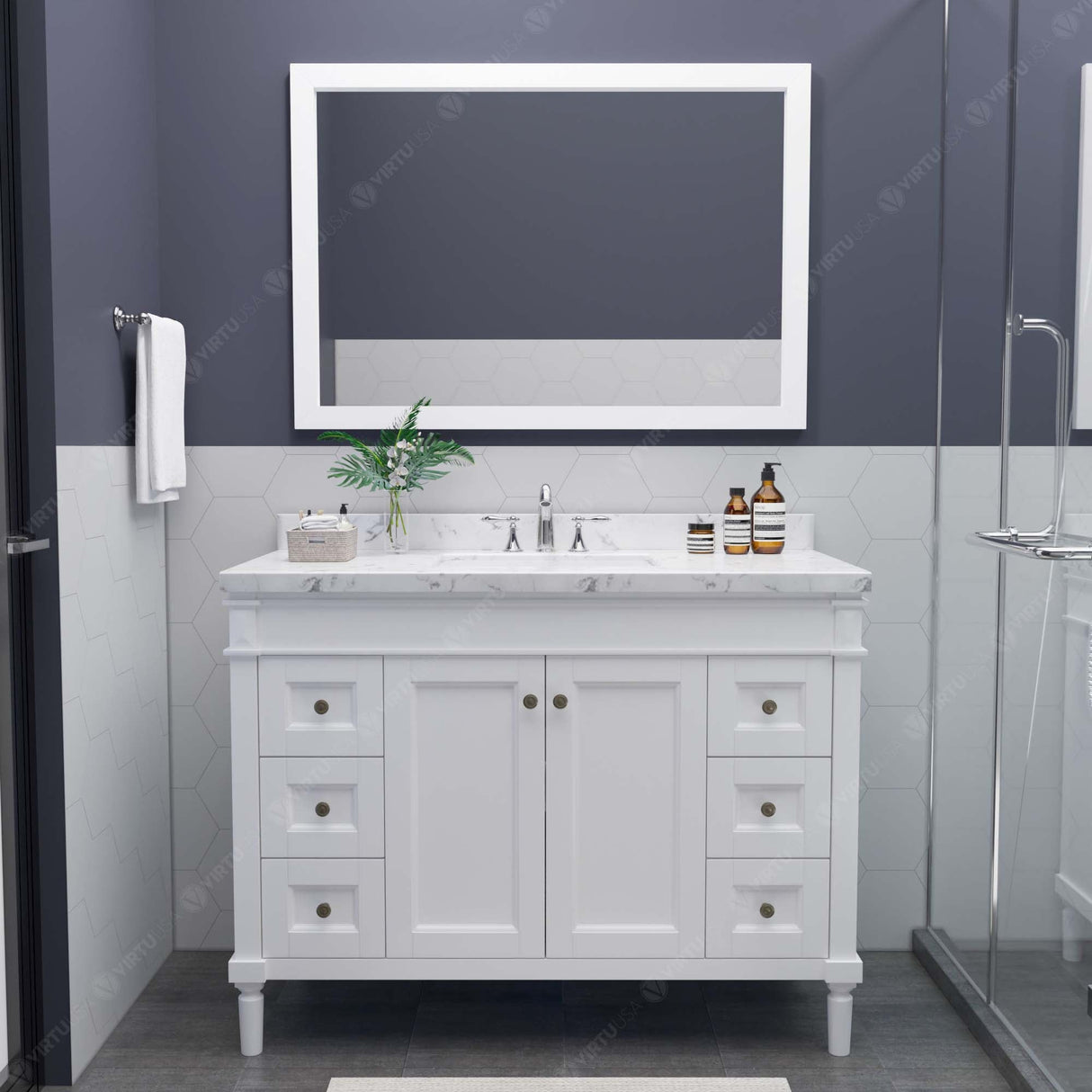 Virtu USA Tiffany 48" Single Bath Vanity with White Quartz Top and Round Sink with Matching Mirror