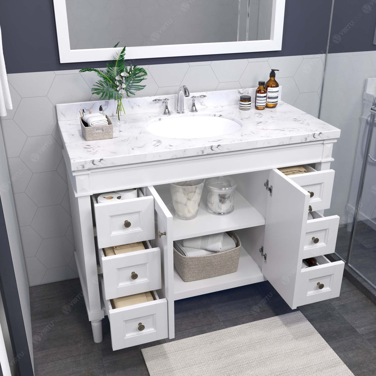 Virtu USA Tiffany 48" Single Bath Vanity with White Quartz Top and Round Sink with Matching Mirror