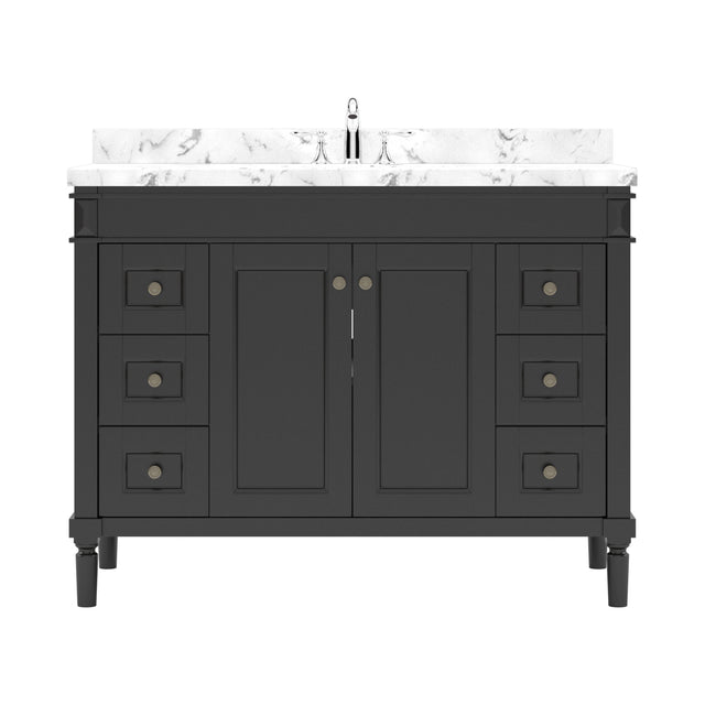 Virtu USA Tiffany 48" Single Bath Vanity with White Quartz Top and Square Sink with Polished Chrome Faucet with Matching Mirror