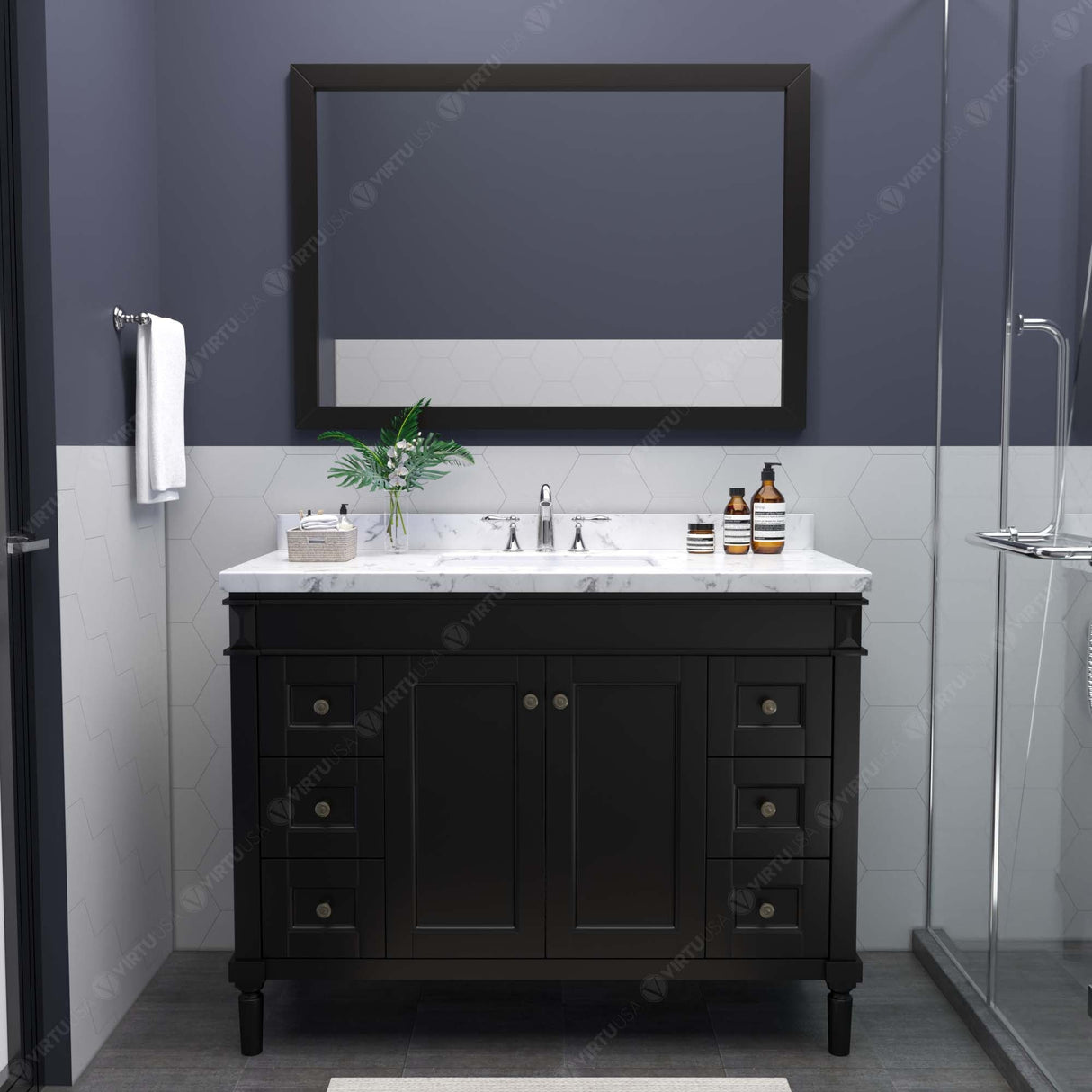 Virtu USA Tiffany 48" Single Bath Vanity with White Quartz Top and Square Sink with Matching Mirror