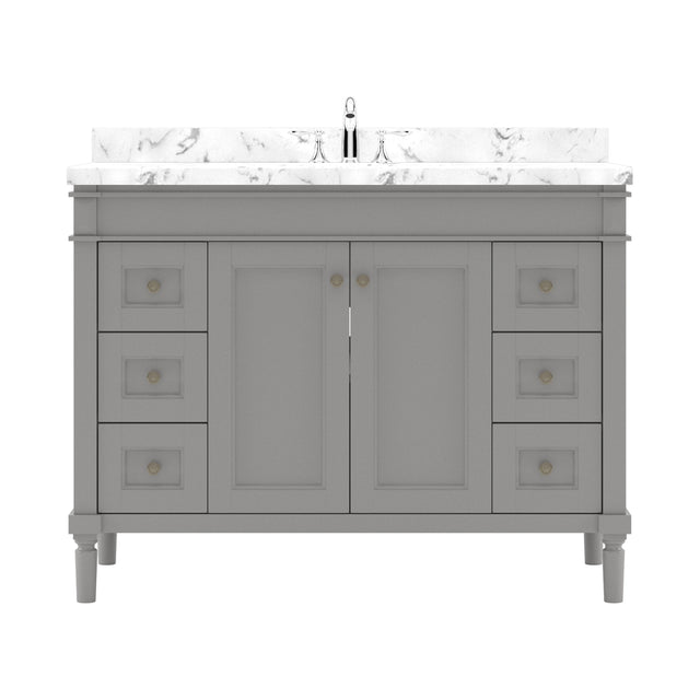 Virtu USA Tiffany 48" Single Bath Vanity with White Quartz Top and Square Sink with Polished Chrome Faucet with Matching Mirror