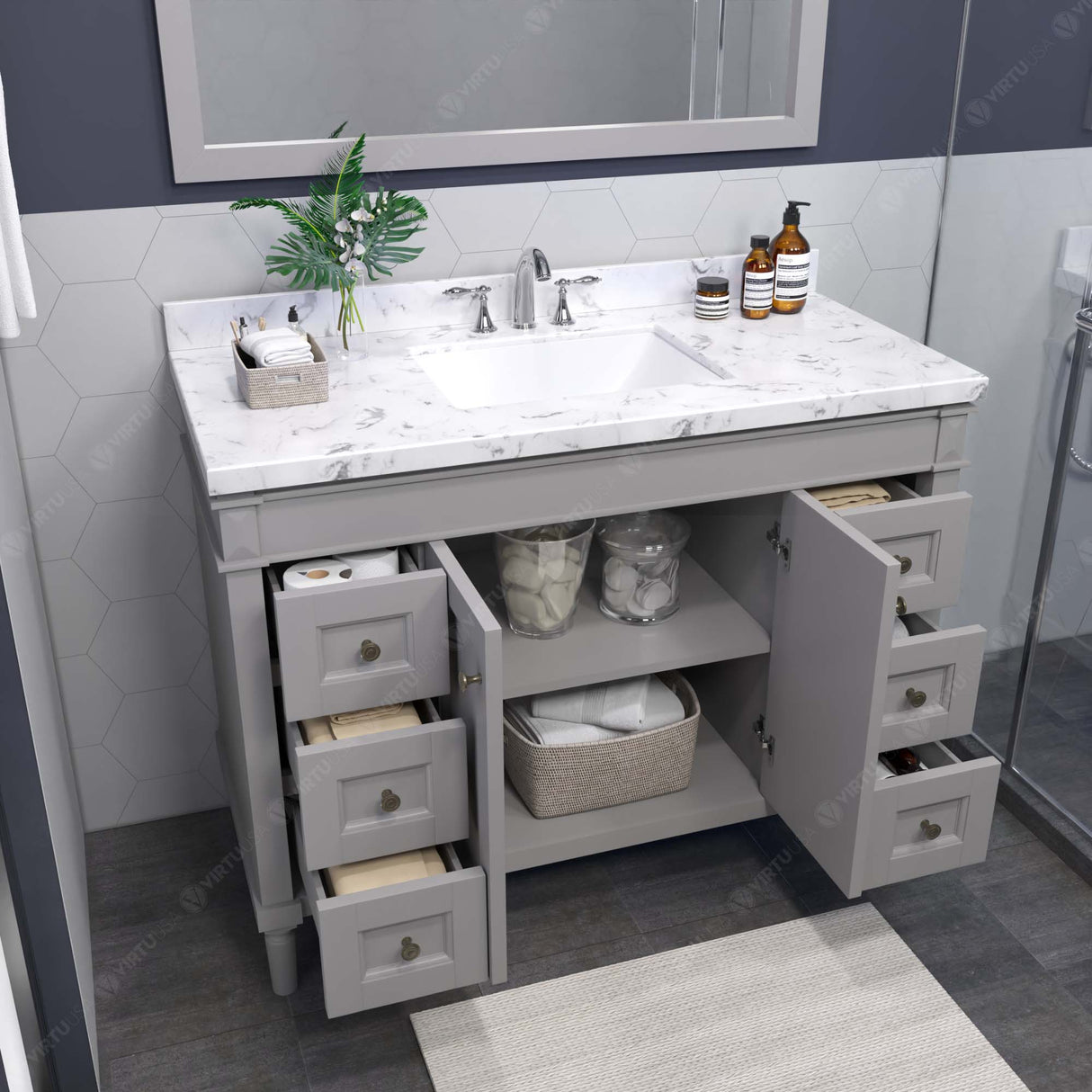 Virtu USA Tiffany 48" Single Bath Vanity with White Quartz Top and Square Sink with Polished Chrome Faucet with Matching Mirror