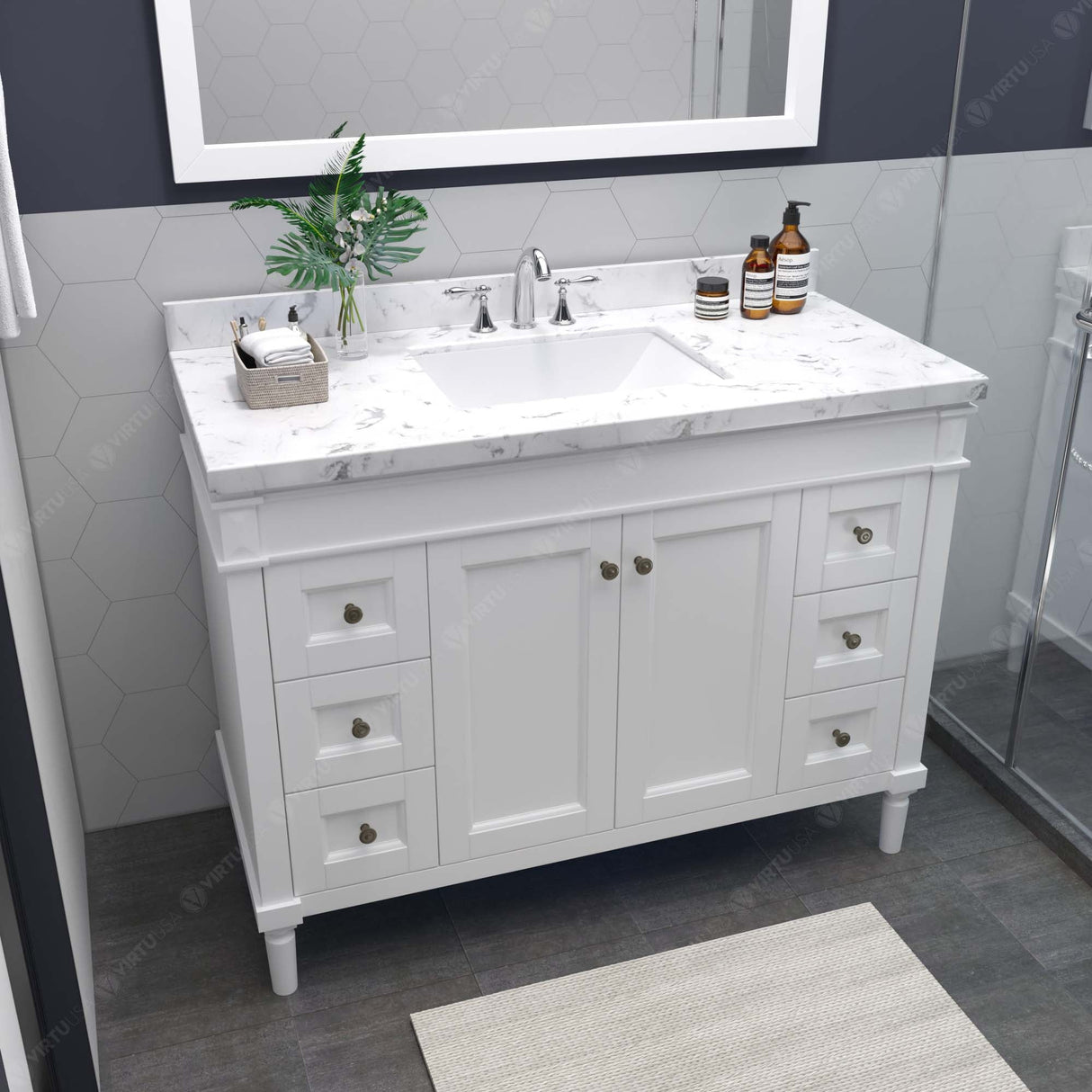 Virtu USA Tiffany 48" Single Bath Vanity with White Quartz Top and Square Sink with Matching Mirror