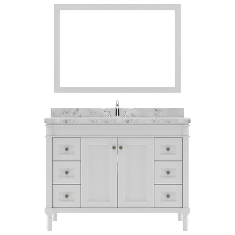 Virtu USA Tiffany 48" Single Bath Vanity in White with White Quartz Top and Square Sink with Polished Chrome Faucet with Matching Mirror - Luxe Bathroom Vanities
