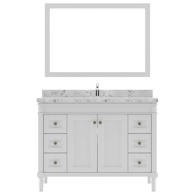Virtu USA Tiffany 48" Single Bath Vanity in White with White Quartz Top and Square Sink with Polished Chrome Faucet with Matching Mirror - Luxe Bathroom Vanities
