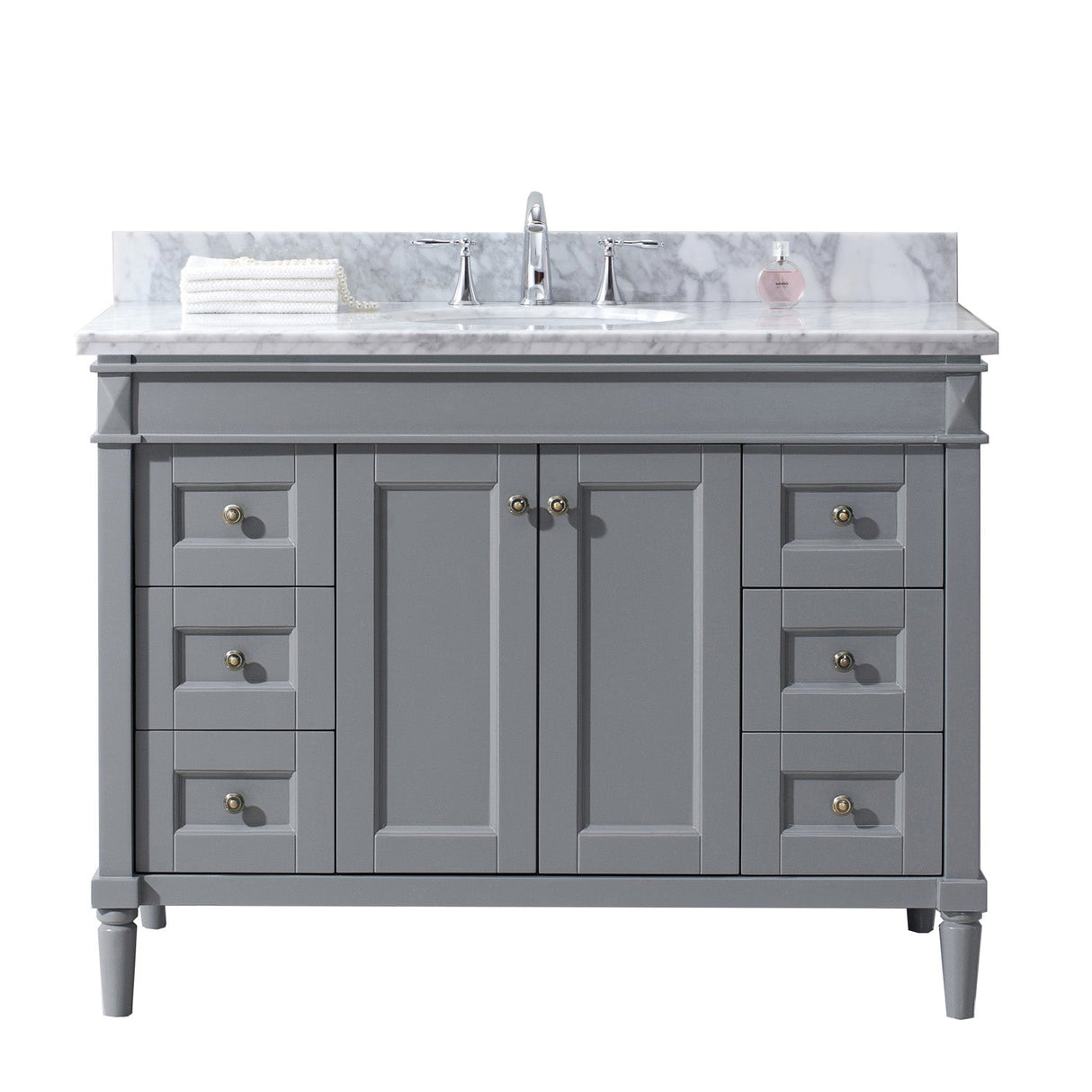 Virtu USA Tiffany 48" Single Bath Vanity in Gray with White Marble Top and Round Sink with Brushed Nickel Faucet with Matching Mirror