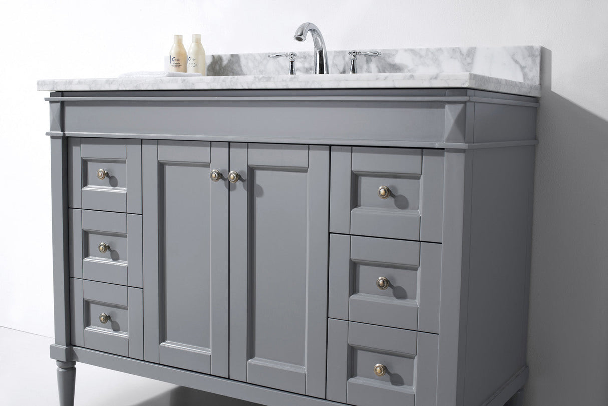 Virtu USA Tiffany 48" Single Bath Vanity in Gray with White Marble Top and Round Sink with Polished Chrome Faucet with Matching Mirror