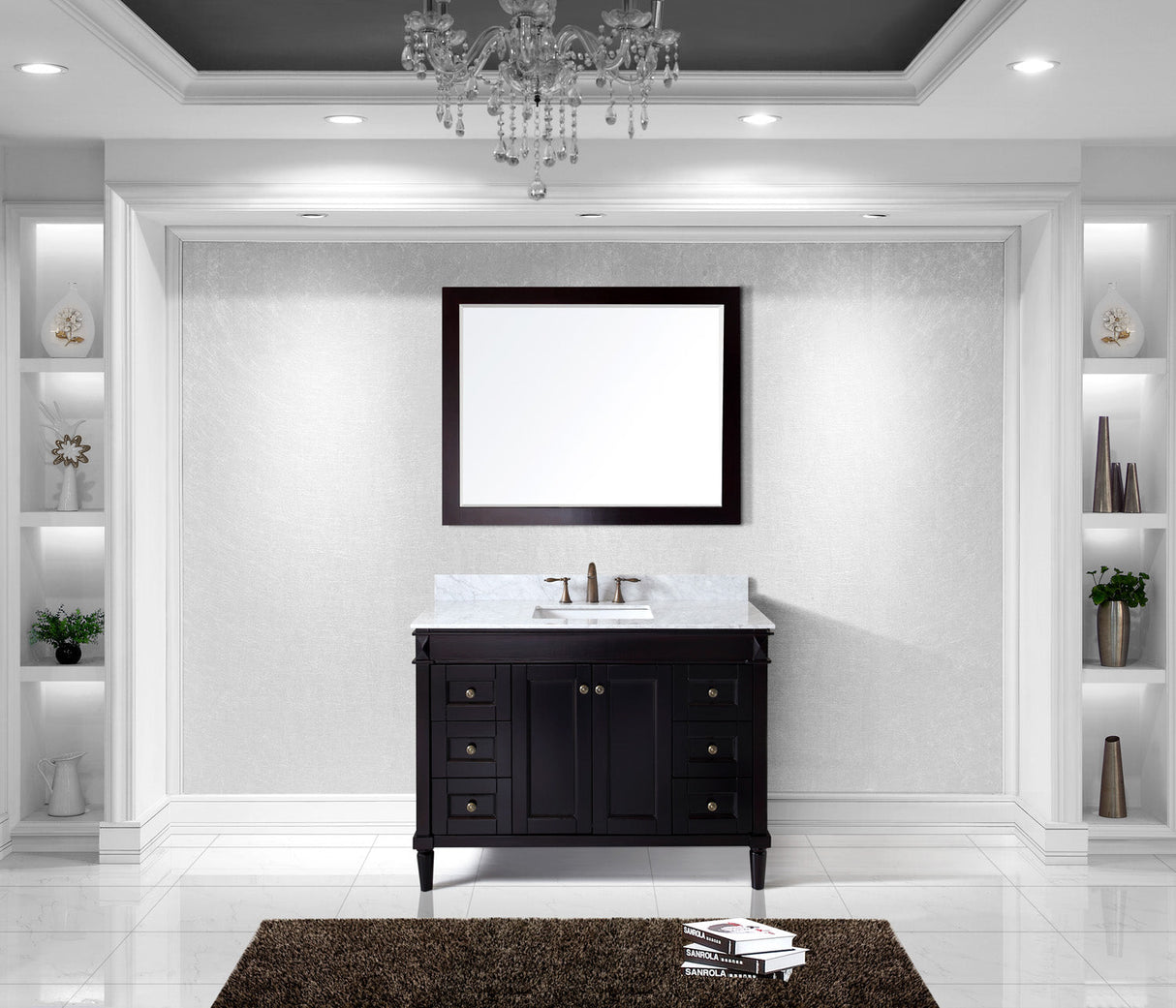 Virtu USA Tiffany 48" Single Bath Vanity with White Marble Top and Square Sink with Brushed Nickel Faucet with Matching Mirror