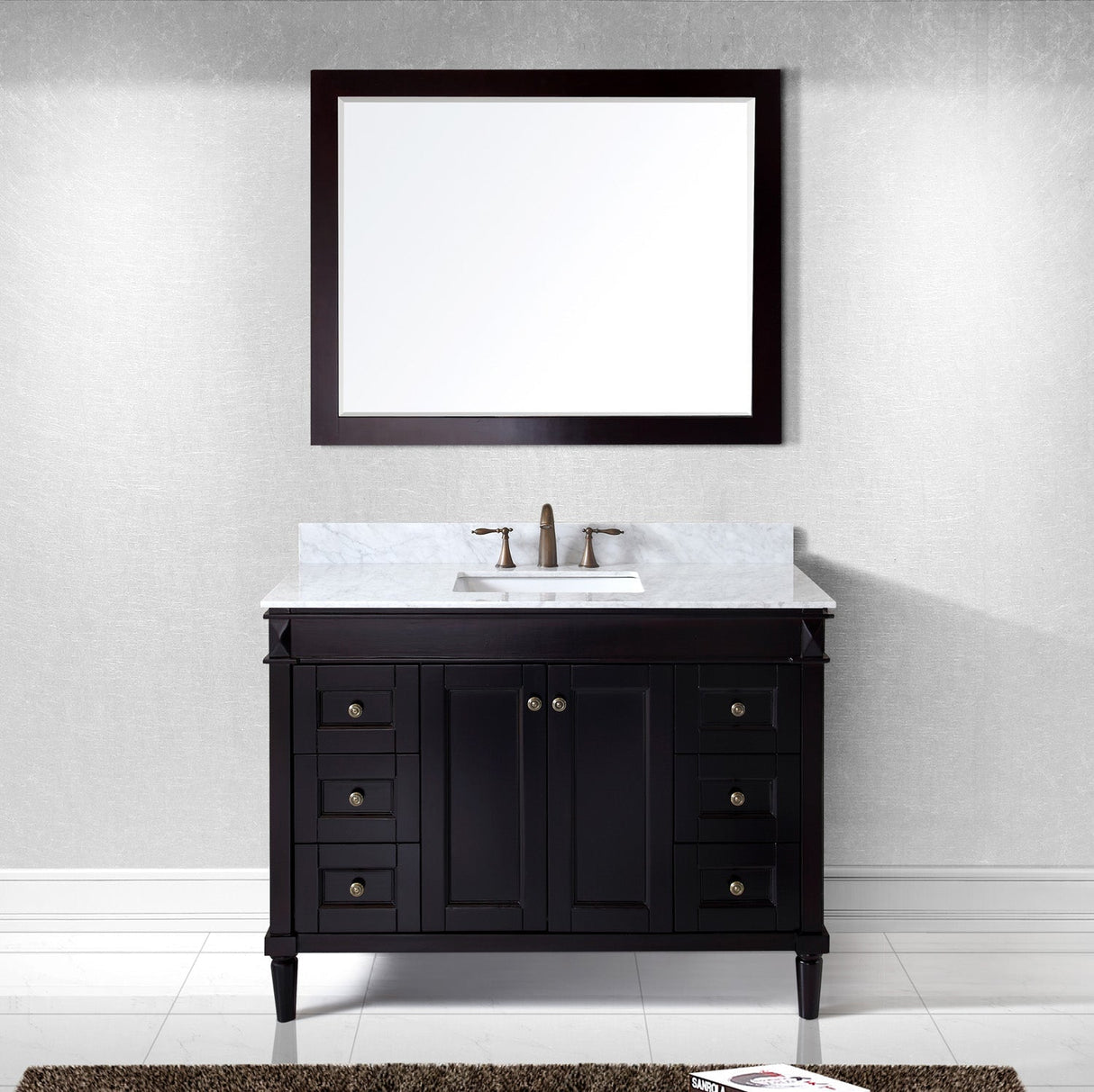 Virtu USA Tiffany 48" Single Bath Vanity with White Marble Top and Square Sink with Polished Chrome Faucet with Matching Mirror