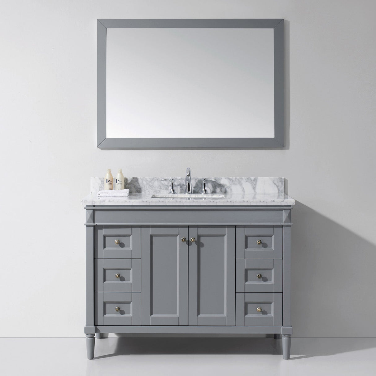 Virtu USA Tiffany 48" Single Bath Vanity with White Marble Top and Square Sink with Brushed Nickel Faucet with Matching Mirror